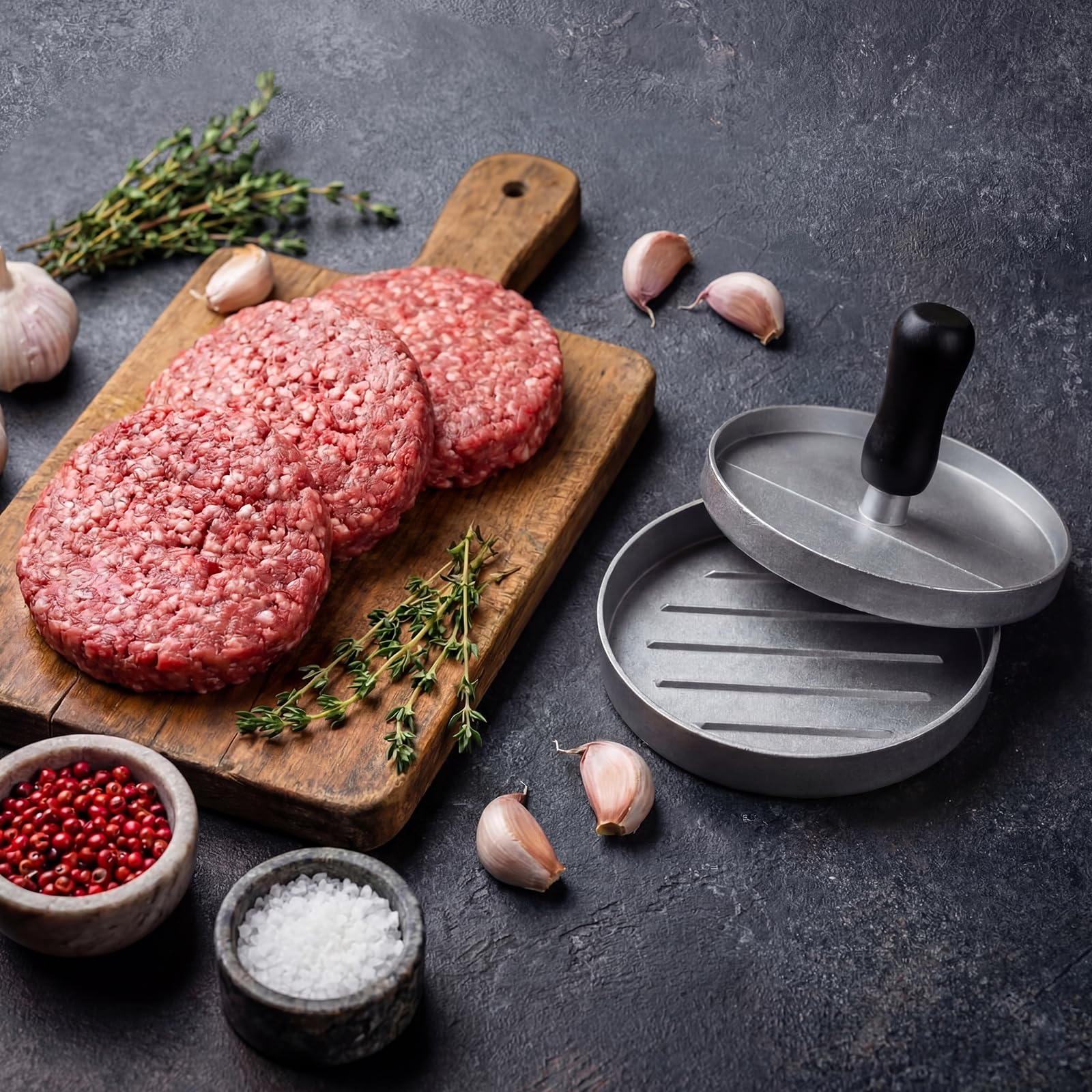 LemonRoad 7-teiliges Hamburgerpressen-Zubehör-Set: Aluminiumlegierung, Hamburgerpresse, runde Burgerform, antihaftbeschichtet, Edelstahl, Eierringe, Grillspatel, tragbare Grillwerkzeuge für Frühstück