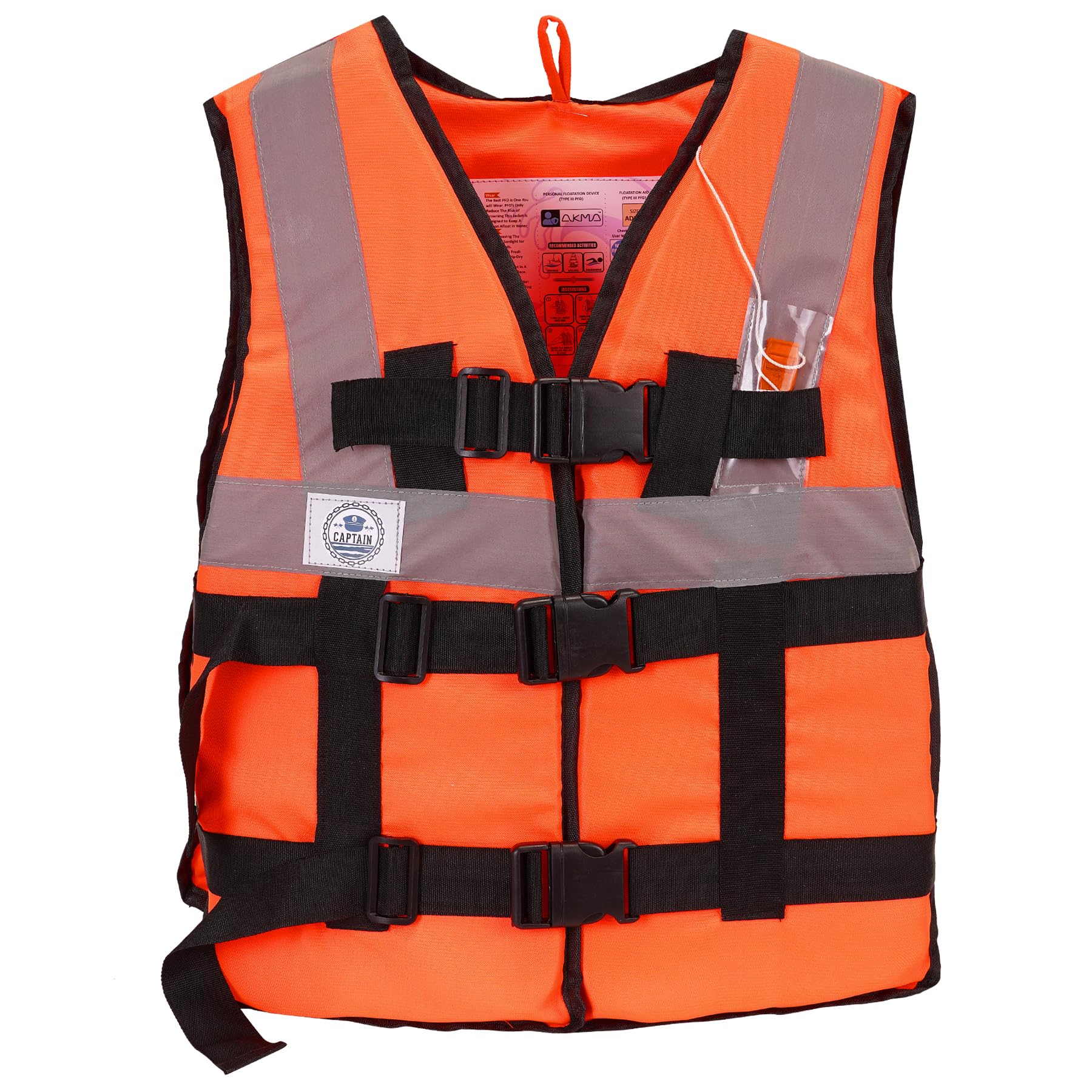 AKMA Life Jacket with IRS Approved Whistle, 3-Buckle for Adults Weighing Upto 120 Kgs (Model - Captain) (Orange)-picture-28