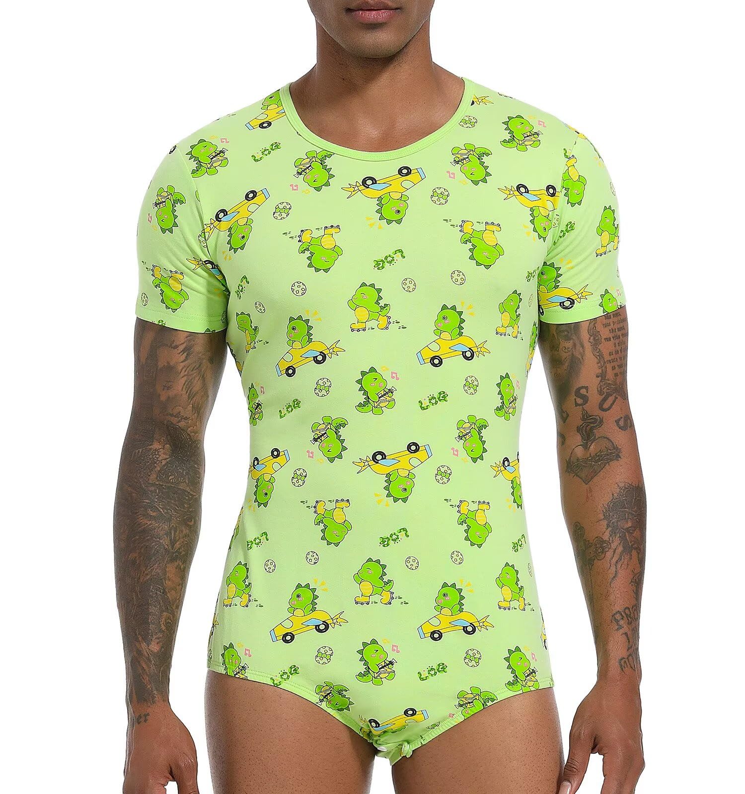 Landofgenie Onesie Mężczyźni Krótki Rękaw Bodysuit One Piece Pidżama Rompers Dinosaur Rudy