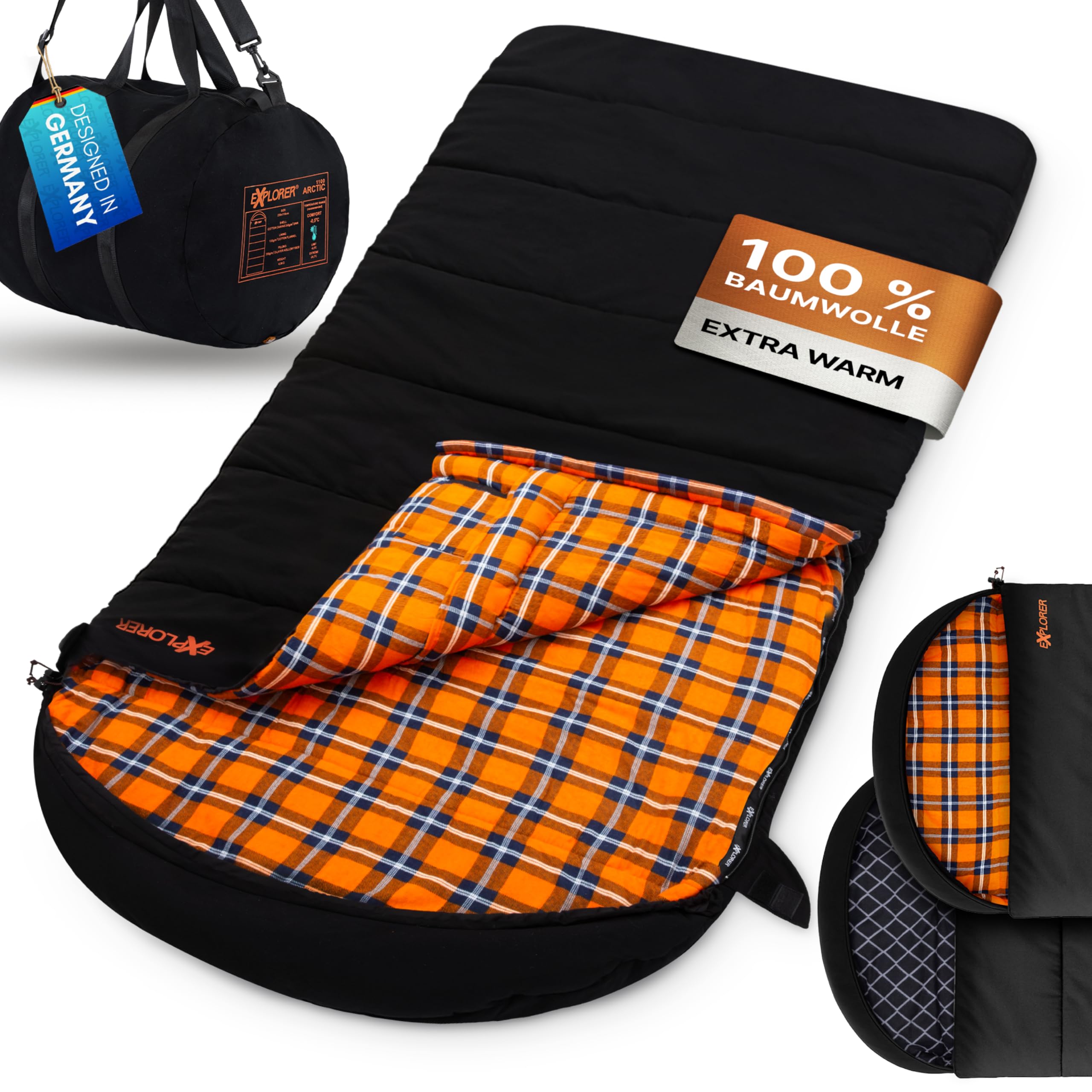 EXPLORER Arctic XXL Deckenschlafsack Winter -24°C Extrem – Camping Schlafsack aus 100% Baumwolle & Flanell – Koppelbar & Wasserabweisend – 90/110/140 cm