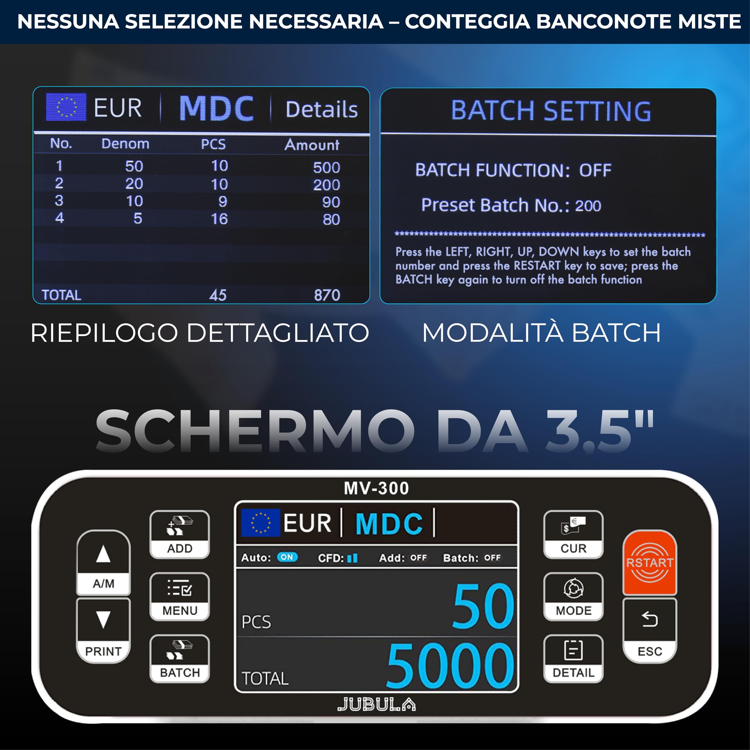 MV-300 Macchina conta banconote professionale a denominazione mista | EUR, USD, GBP | Verifica banconote | Macchina conta soldi | Contabanconote professionale miste | Contasoldi