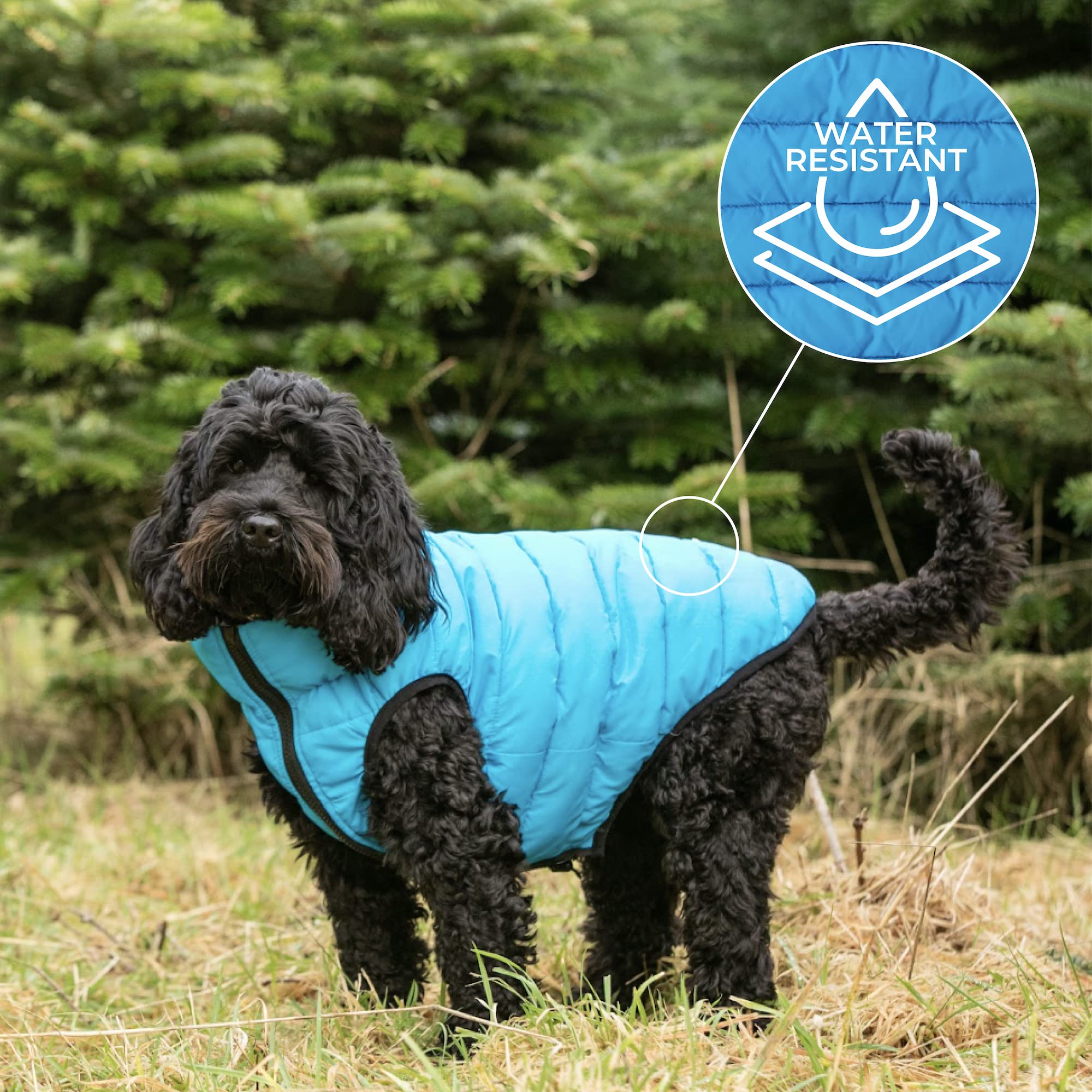 HUGO & HUDSON Giacca imbottita invernale calda reversibile per cani, impermeabile, Blu turchese e grigio, S35
