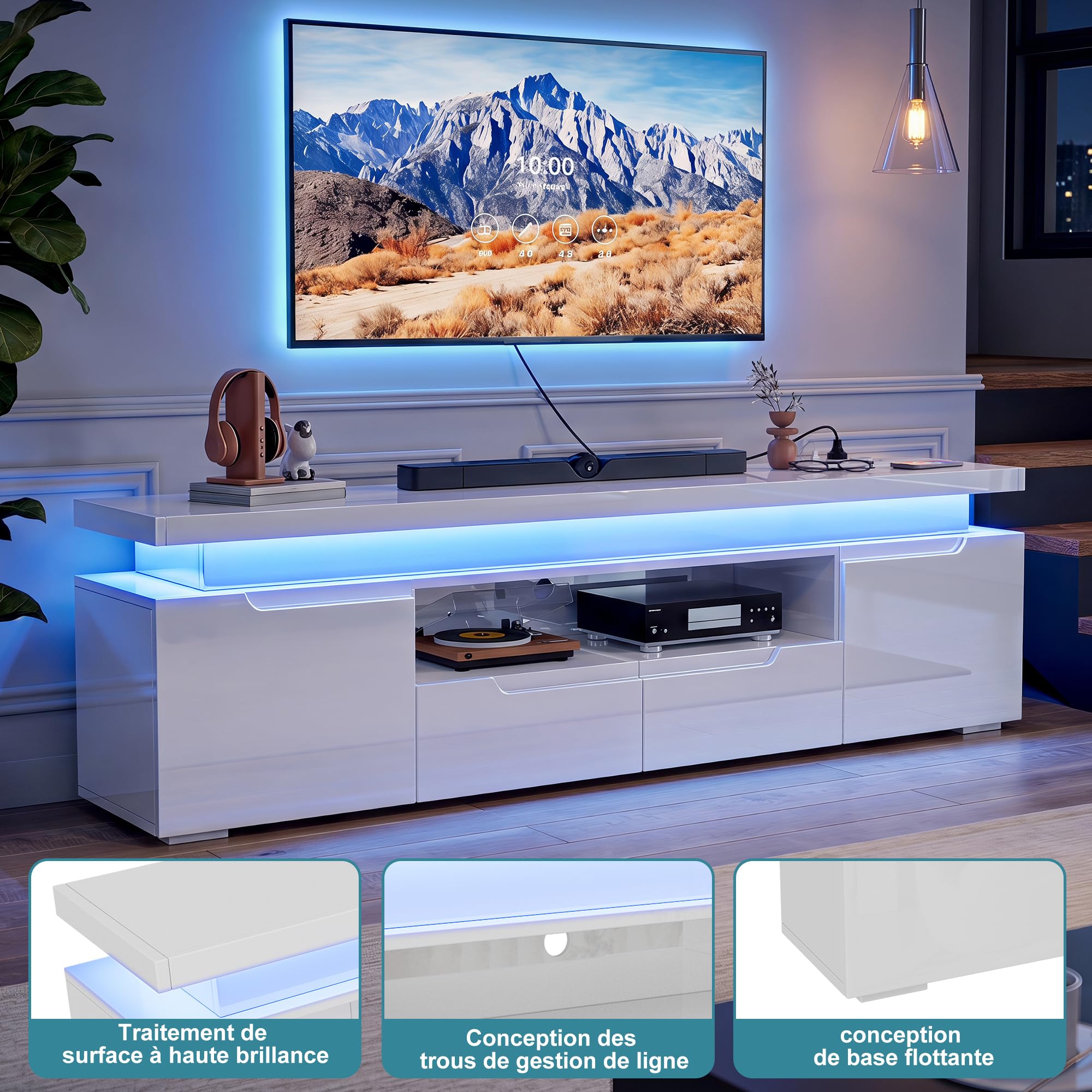Szafka pod telewizor LED 180 cm, szafka pod telewizor, ławka telewizyjna, meble do salonu z miejscem do przechowywania, nowoczesna lakierowana szafka pod telewizor z 2 drzwiami i 2 szufladami, niska