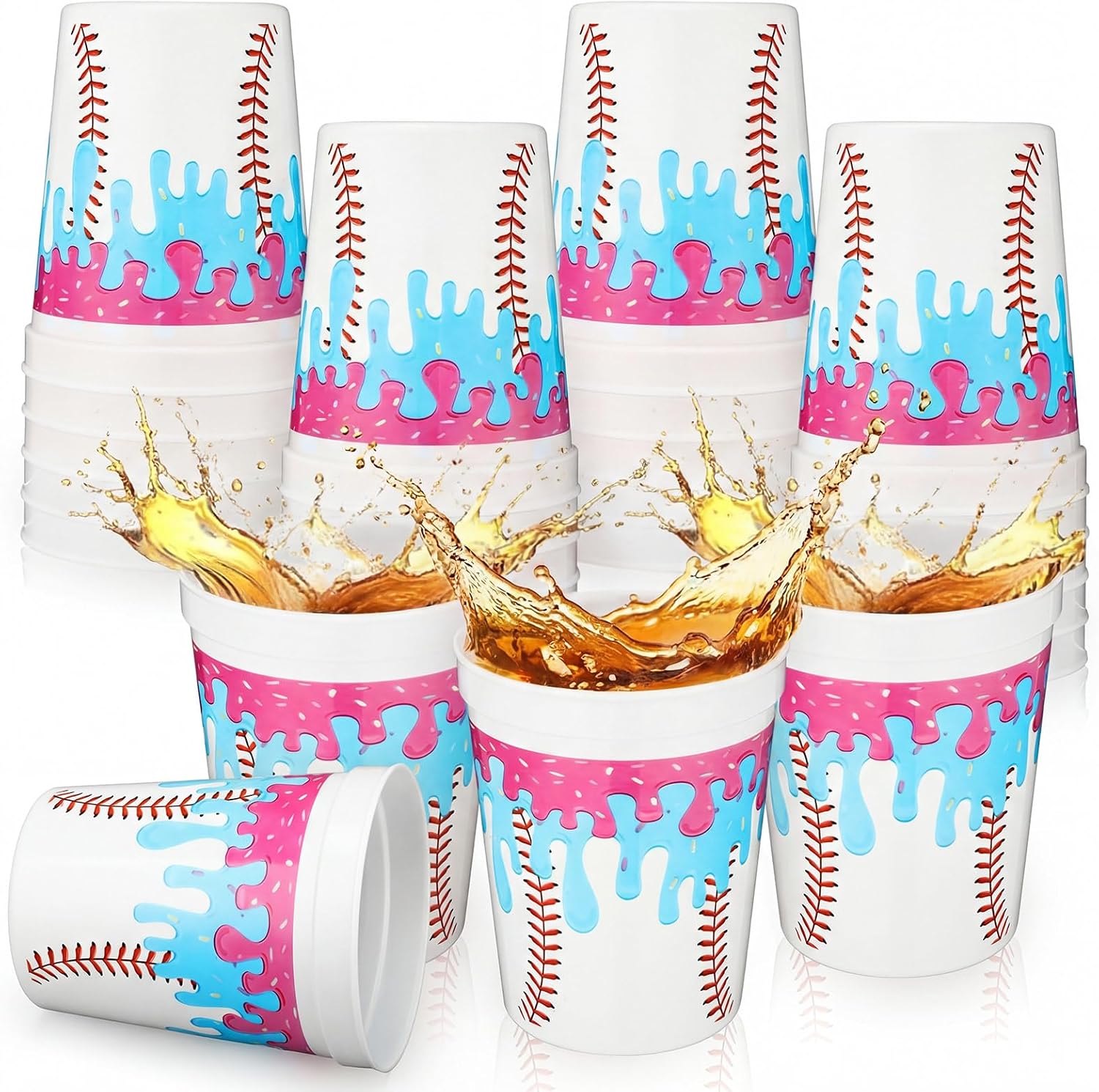 30 Sets Ice Cream Drip Baseball Plastic Cups Bulk 16 oz Reusable Baseball Themed Plastic Cups Ice-cream Party Decorations Summer Party Decorations for Team Player Lovers