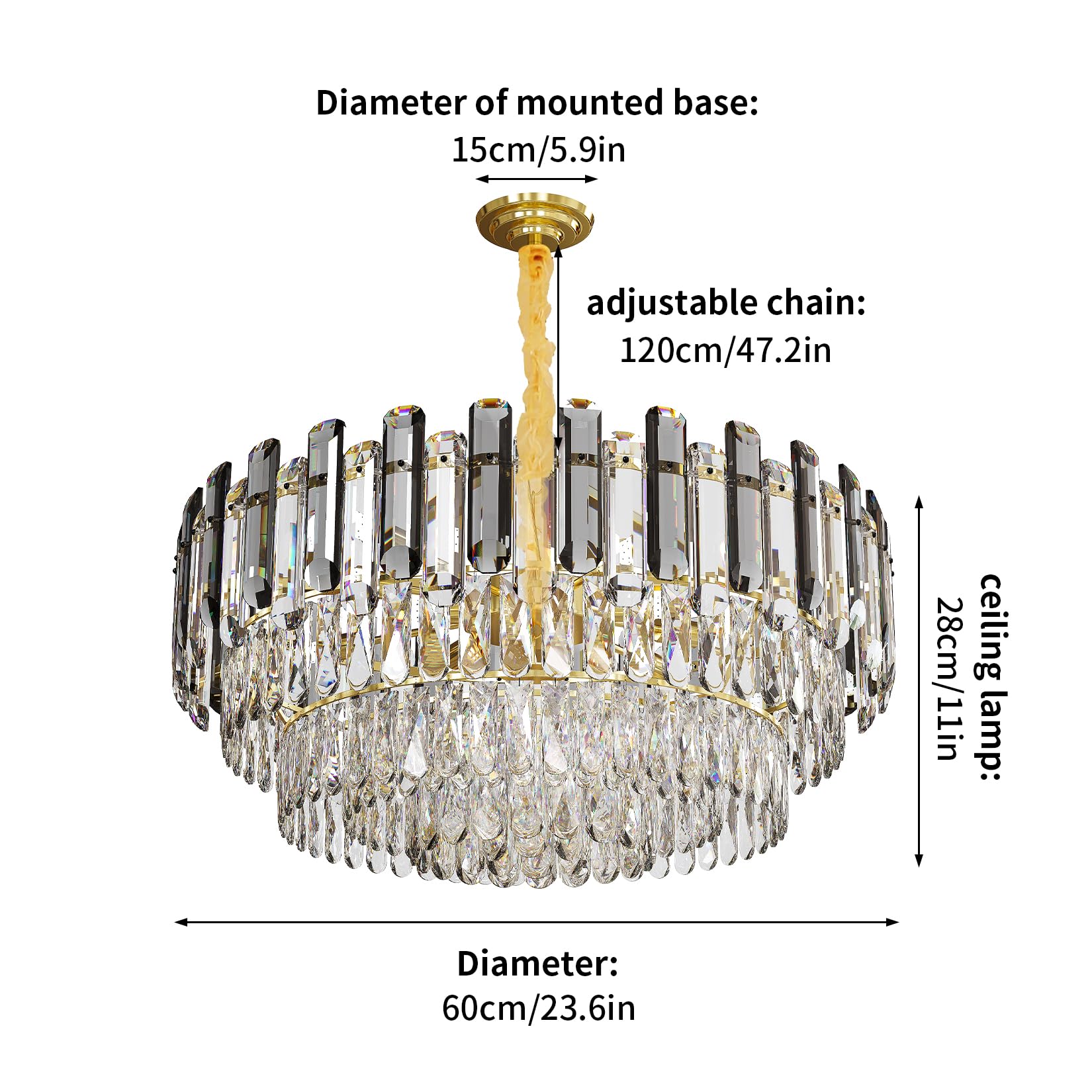 Lampadario in cristallo dorato moderno : illuminazione da soffitto rotonda in metallo e cristallo, plafoniera sospesa per sala da pranzo, camera da letto, 10xE14, 60×148cm