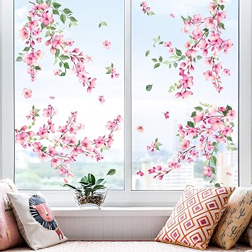 Cherry Blossom Flowers Window Stickers Summer Pink Branch Window Decals