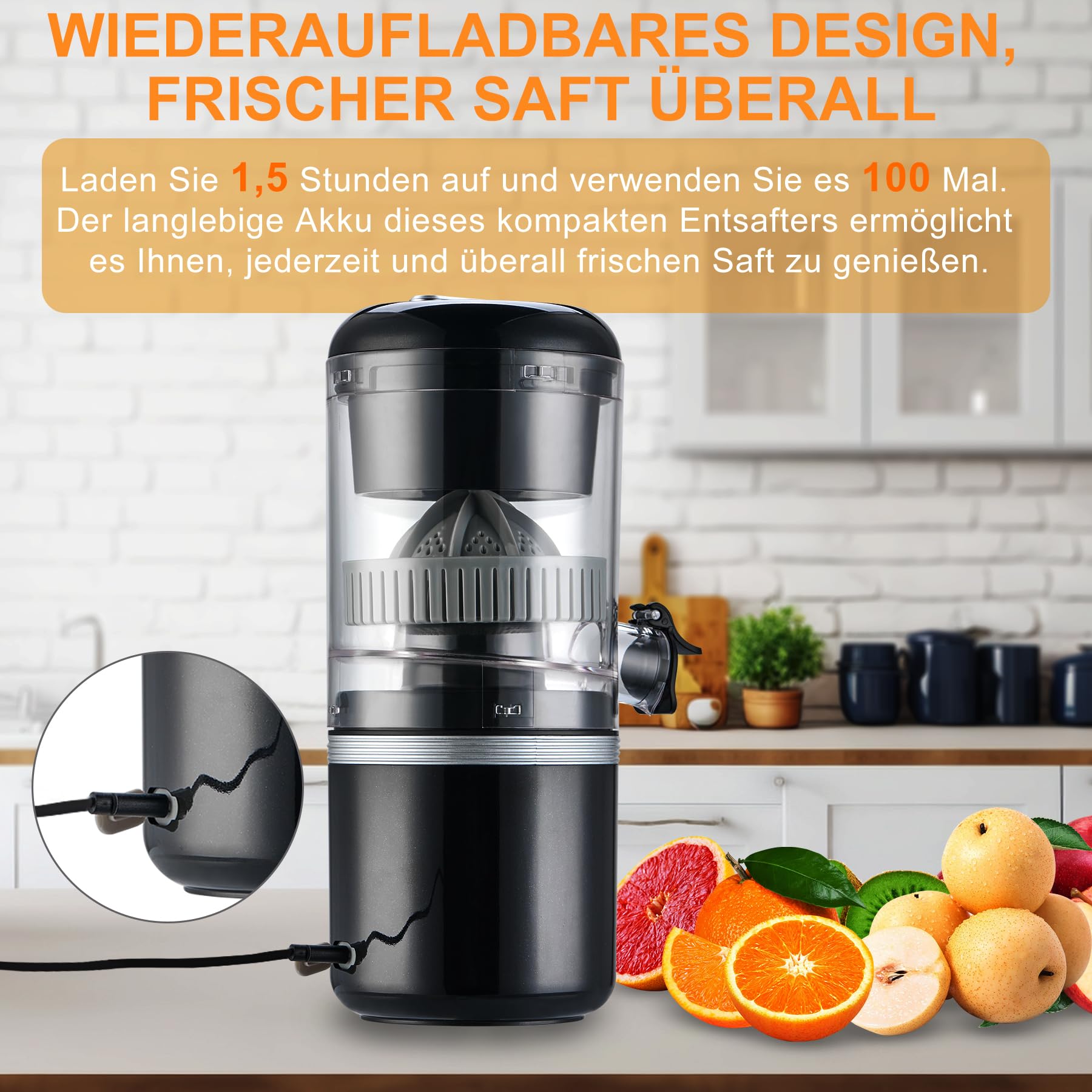 MAISON HUIS Zitruspresse Elektrisch Saftpresse Orangenpresse Zitronenpresse Tragbare USB-Aufladung Juicer Entsafter für Orange, Zitronen, Grapefruits, Zitrusfrüchte (Schwarz)
