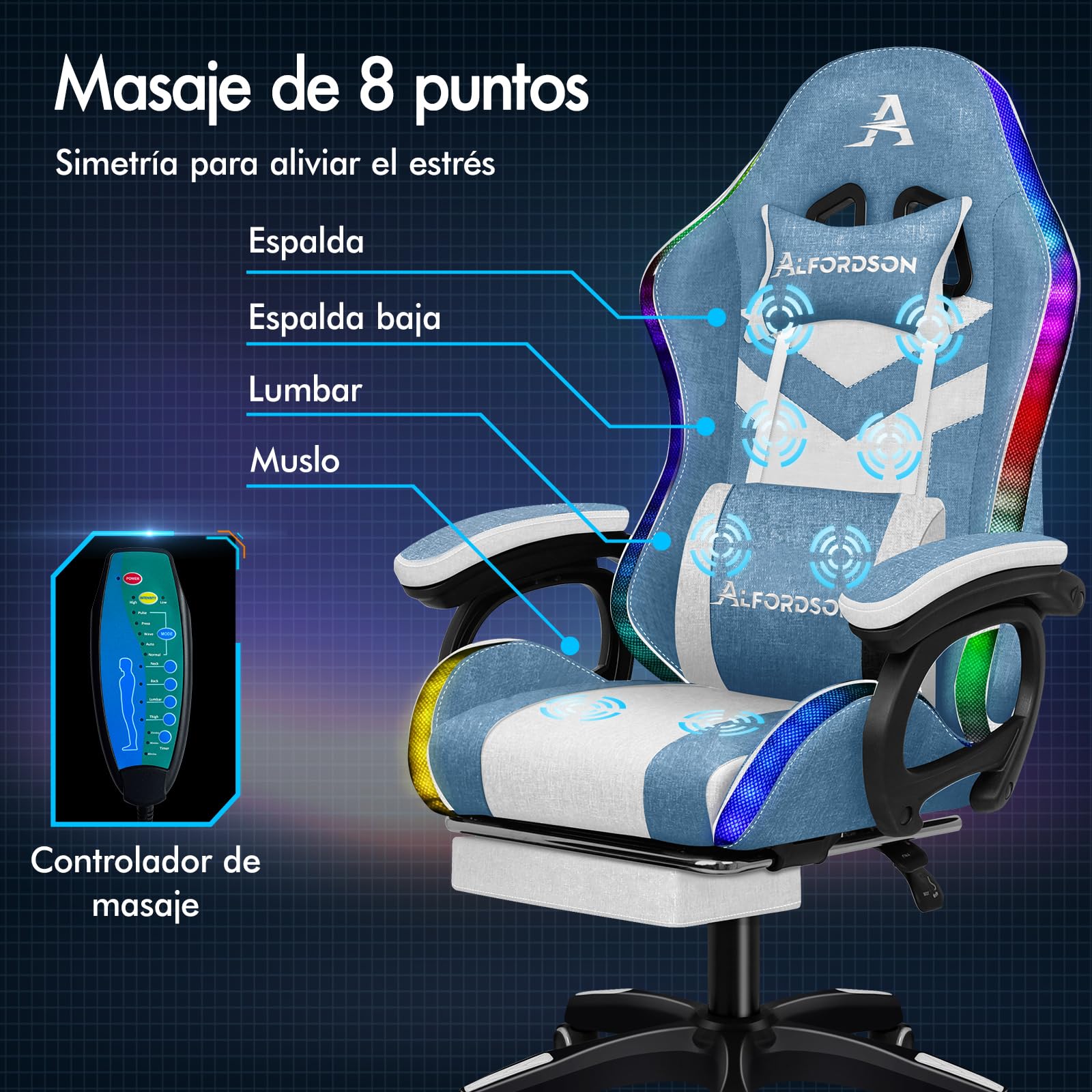 ALFORDSON Silla Gaming con Masaje y LED, Silla Gamer Ergonómica con Cojín Lumbar y Cervical, Reposapiés Telescópico, Iluminación para Ordenador, Videojuego, Juegos, Oficina, Lino(Azul y Blanca)