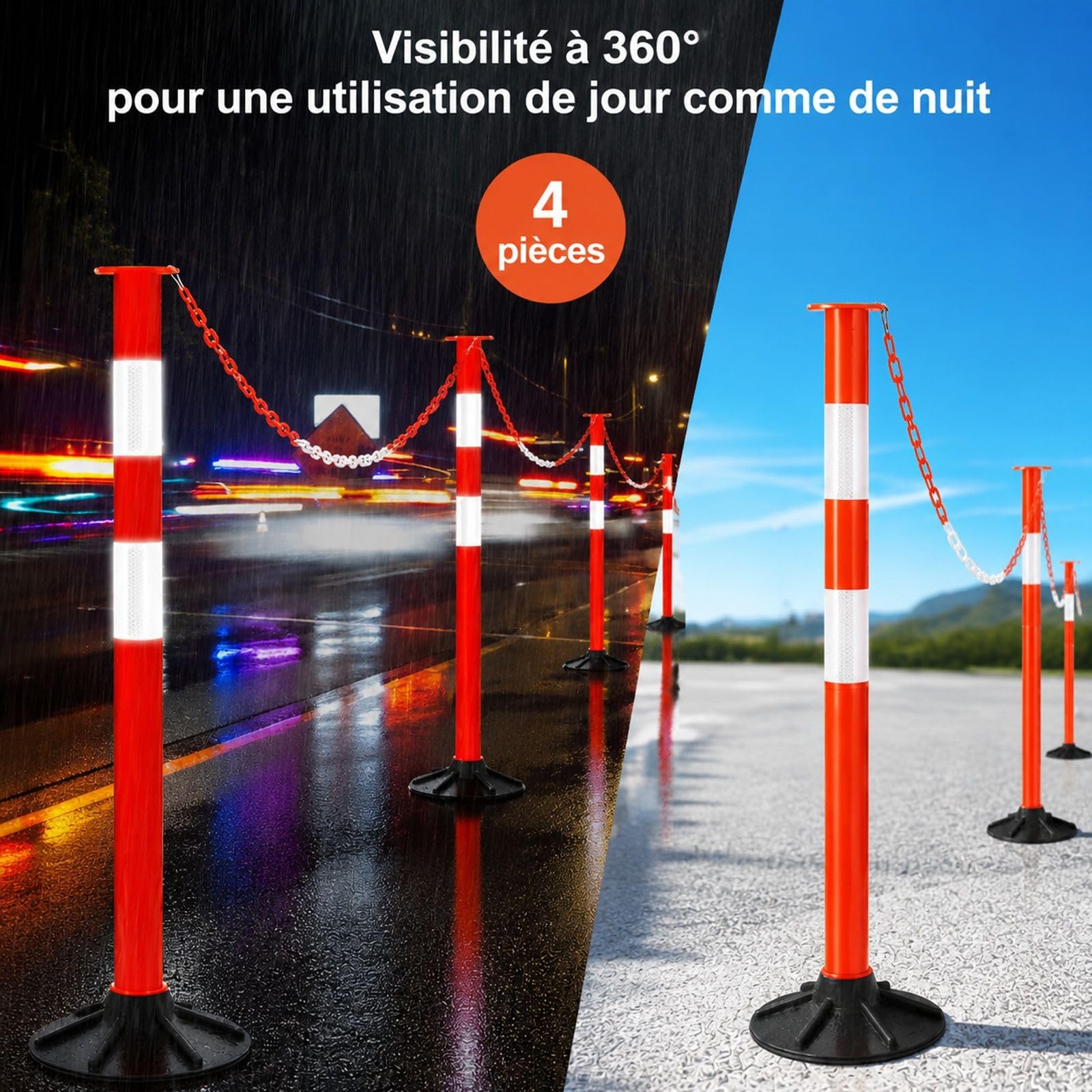 4 poteaux de signalisation Rouges avec Base lestée, Bandes réfléchissantes et chaîne, pour Chantier et Parking