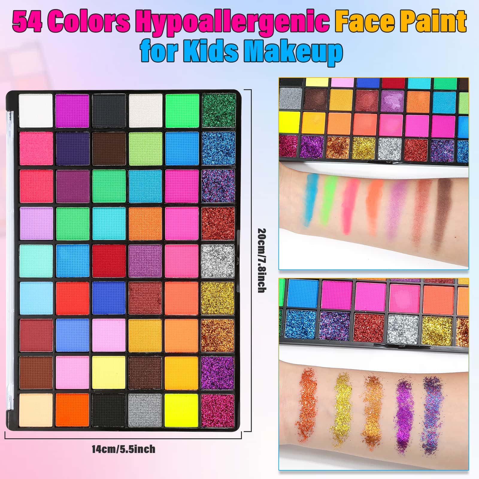Kit profesional de pintura facial para niños y adultos, kit de maquillaje de cosplay activado por agua de 54 colores, pintura corporal no tóxica con plantillas, gemas, pinceles, para Halloween 4