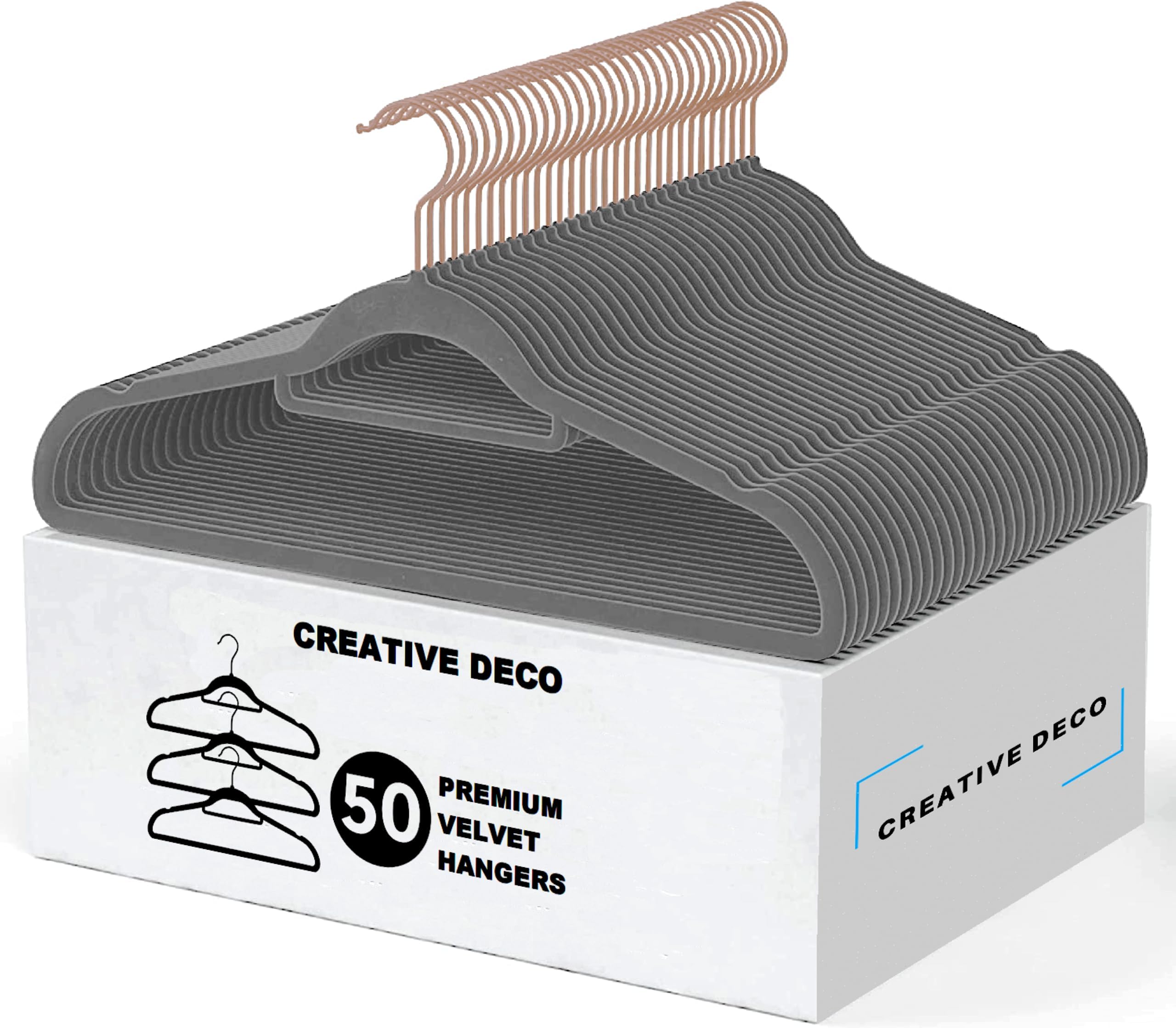 CREATIVE DECO - Premium Velvet Clothes Hangers 50 Pack | Grey/Rose Gold Hangers for Coats, Pants & Dress Pants, Non-Slip Clothes Hangers Set, Heavy Duty Coat Hangers (GREY with ROSE GOLD HOOKS)