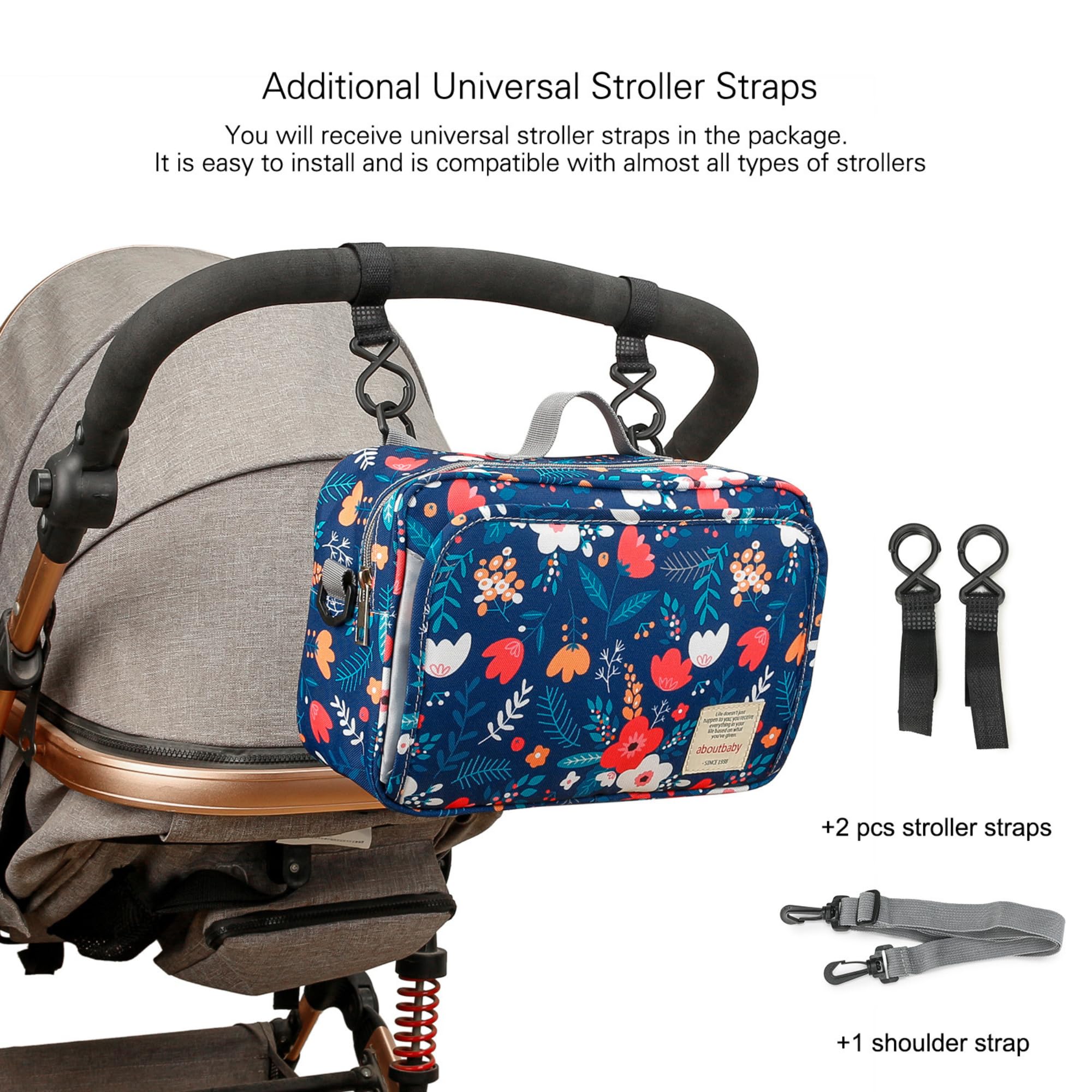 Baby Trolley Bag - Multi-purpose Stroller Bag with Maternity Function, Organiser for Pram and Pushchair Blue Flower - Image 4