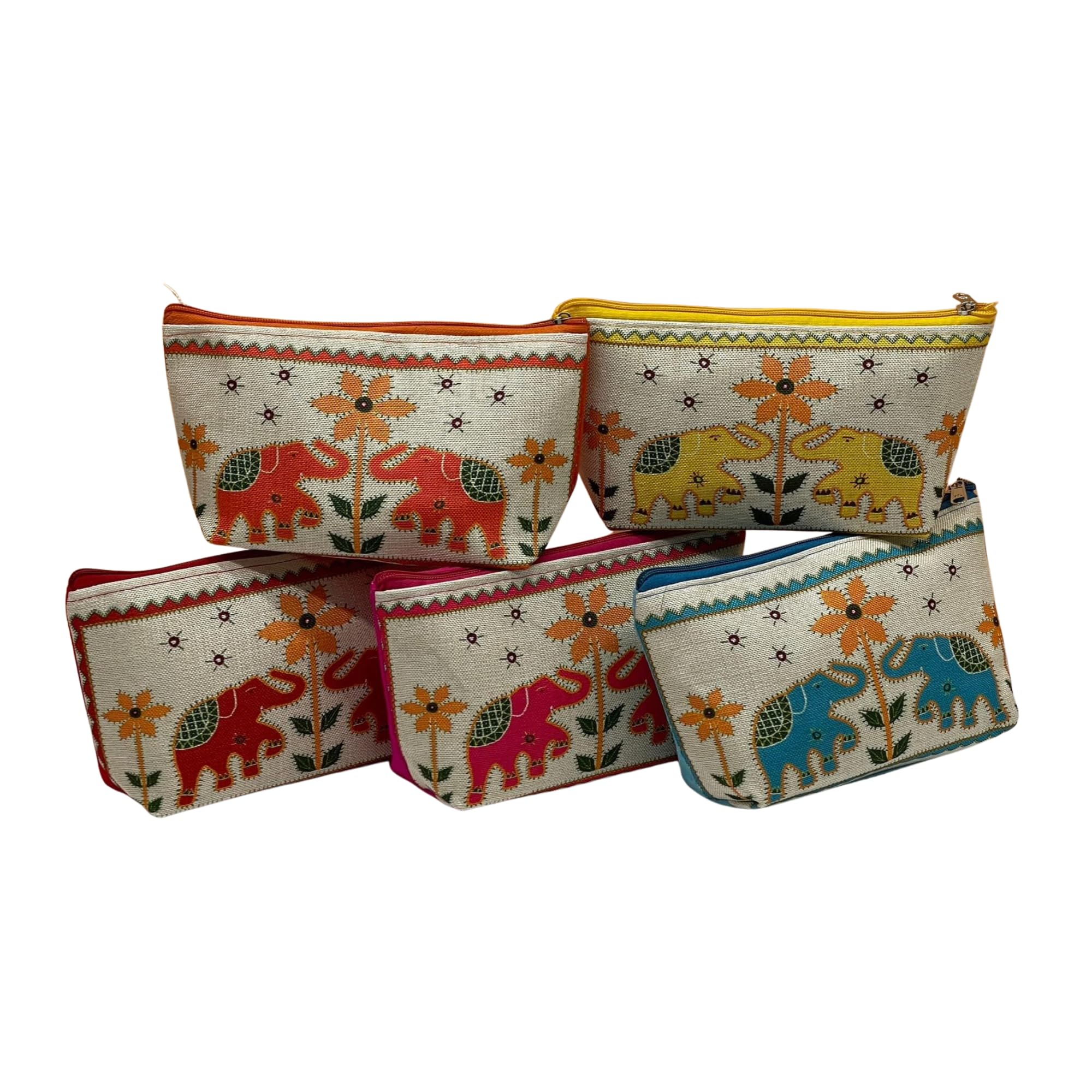 Ethnic Elephant Print Canvas Makeup Pouch, Zipper Cosmetic Bag, Travel Toiletry Organiser, Multi-Purpose Clutch, Set of 5, Orange Yellow Red Pink Blue-image-5