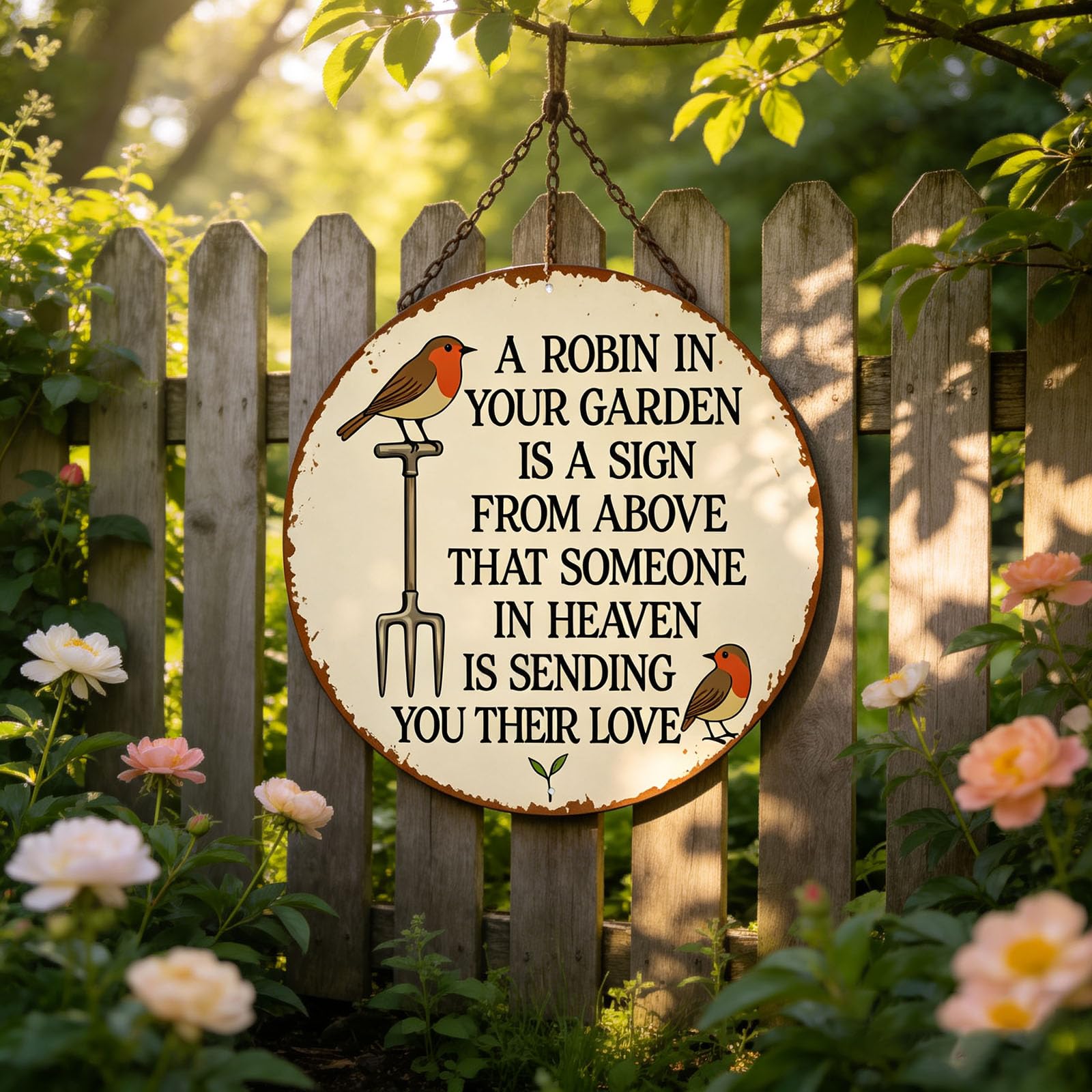 A Robin in Your Garden Metal Sign, Vintage Round Memorial Plaques (30cm)