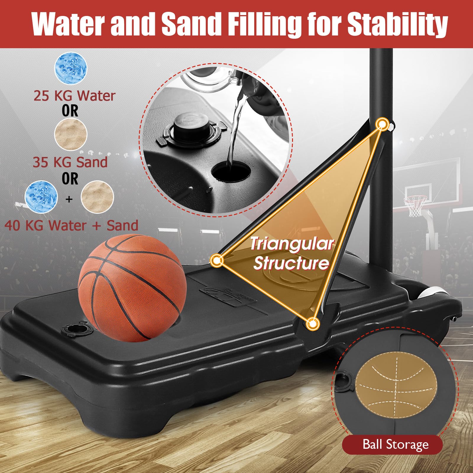 KOMFOTTEU Canestro Basket per Esterno da Pavimento, Canestro da Basket ad Altezza Regolabile 154-210 cm, Supporto da Basket con Base, Portatile con Ruote, Pallacanestro per Interno