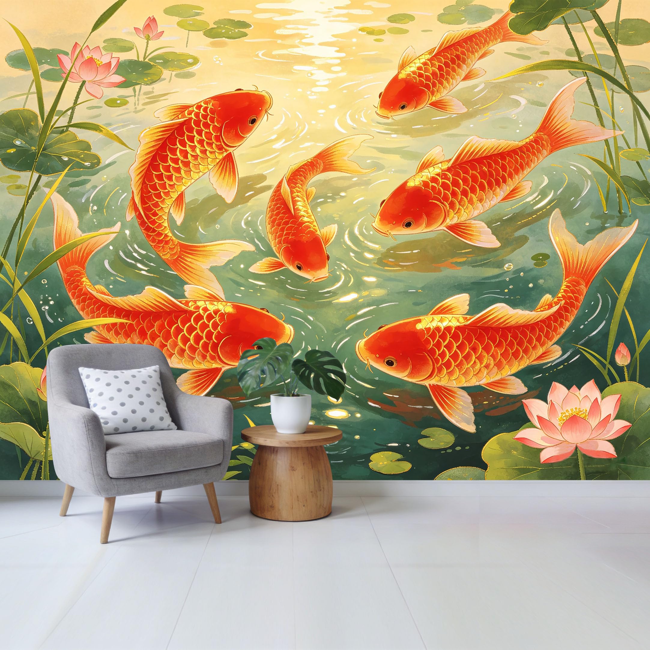 Qzlithotic Yq2605250010 Custom Size Wall Mural Koi Fish Pond Lotus Flowers Watercolor Painting Selfadhesive Wall Fabric Removable Wallpaper For Home Office Decor