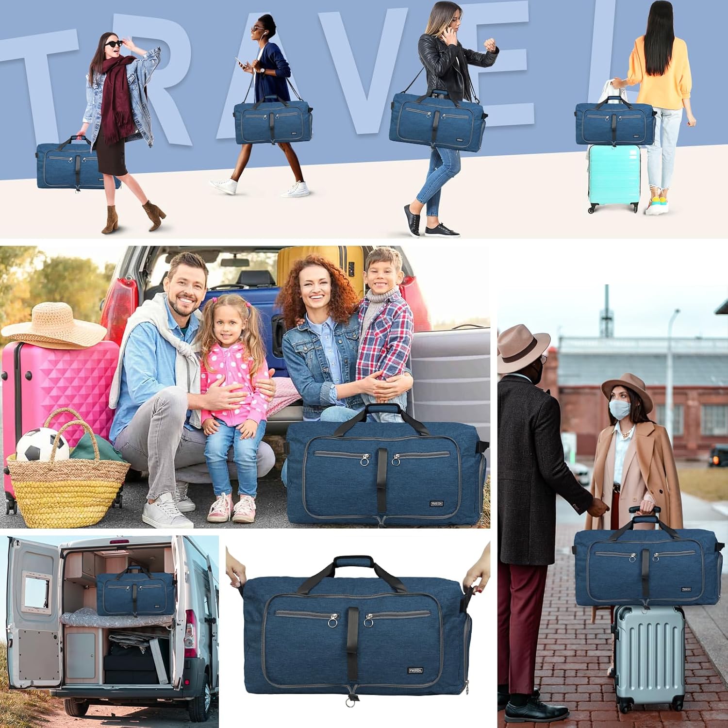 Fmeida 65L Duffle Bag with Shoes Compartment, Foldable Travel Duffel Bags for Men Women, Large Packable Travel Bag Water Repellent & Tear Resistant (Blue) - Image 2