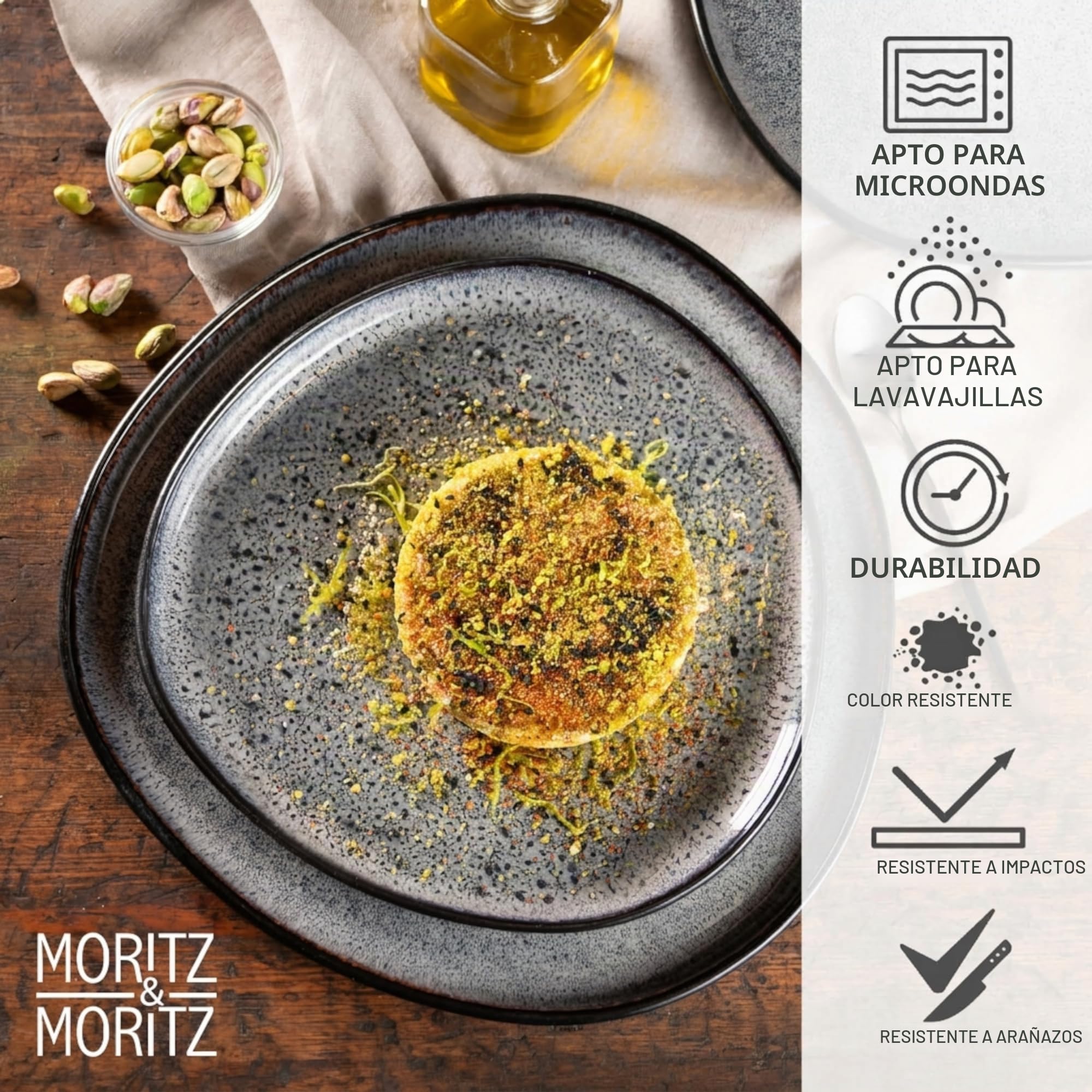 Moritz & Moritz Vajilla de 18 piezas para 6 personas, color gris, elegante juego de platos de gres de alta calidad, vajilla para 6 personas, 6 platos de cena, 6 platos de postre, 6 platos hondos
