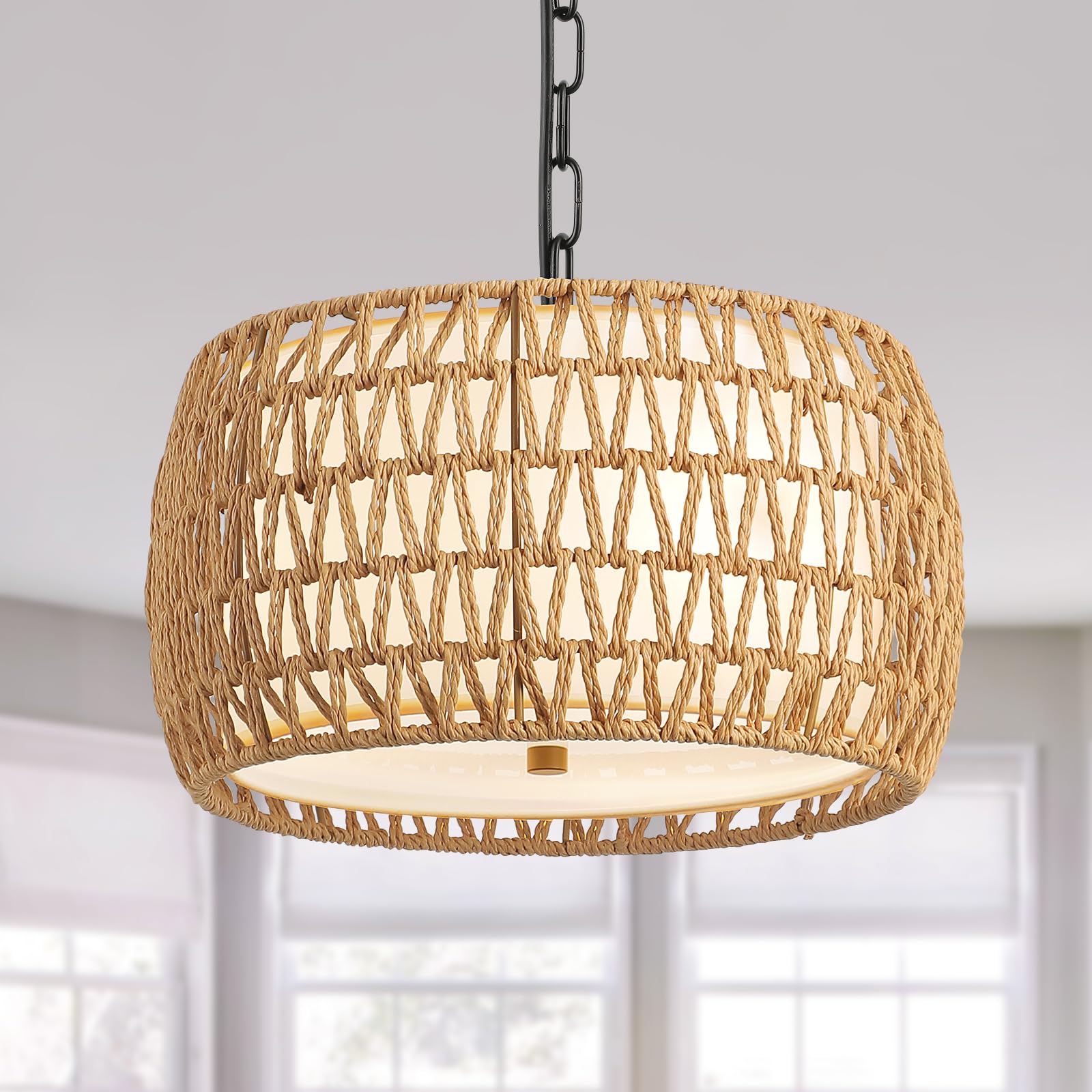 3-Light Rattan Pendant Chandelier Light Fixture, 12.4'' Hand-woven Boho Hanging Light Fixture with Fabric Shade, Modern Drum Hanging Lamp for Dining Room Over Table Kitchen Island Bedroom