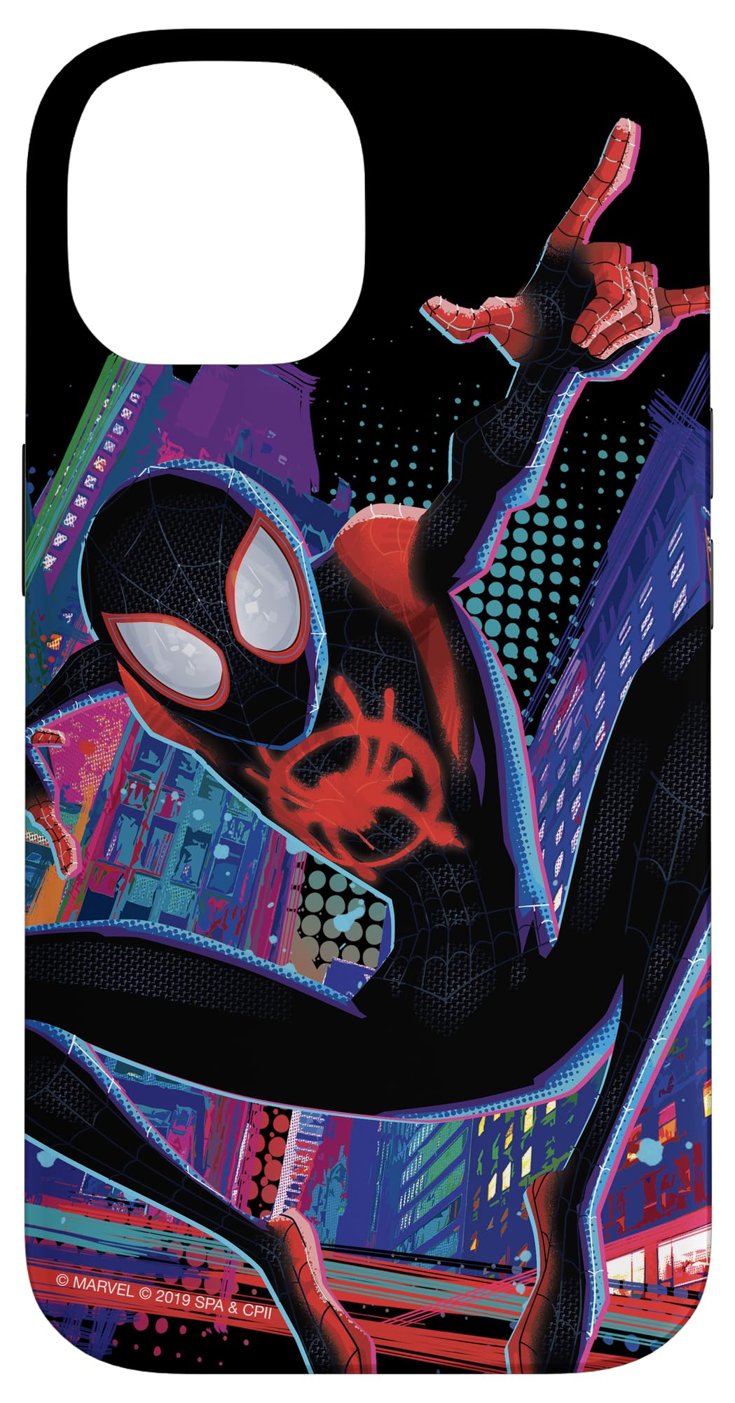 Custodia per iPhone 14 Marvel Spider-Man nella città di Spider-Verse Miles Morales