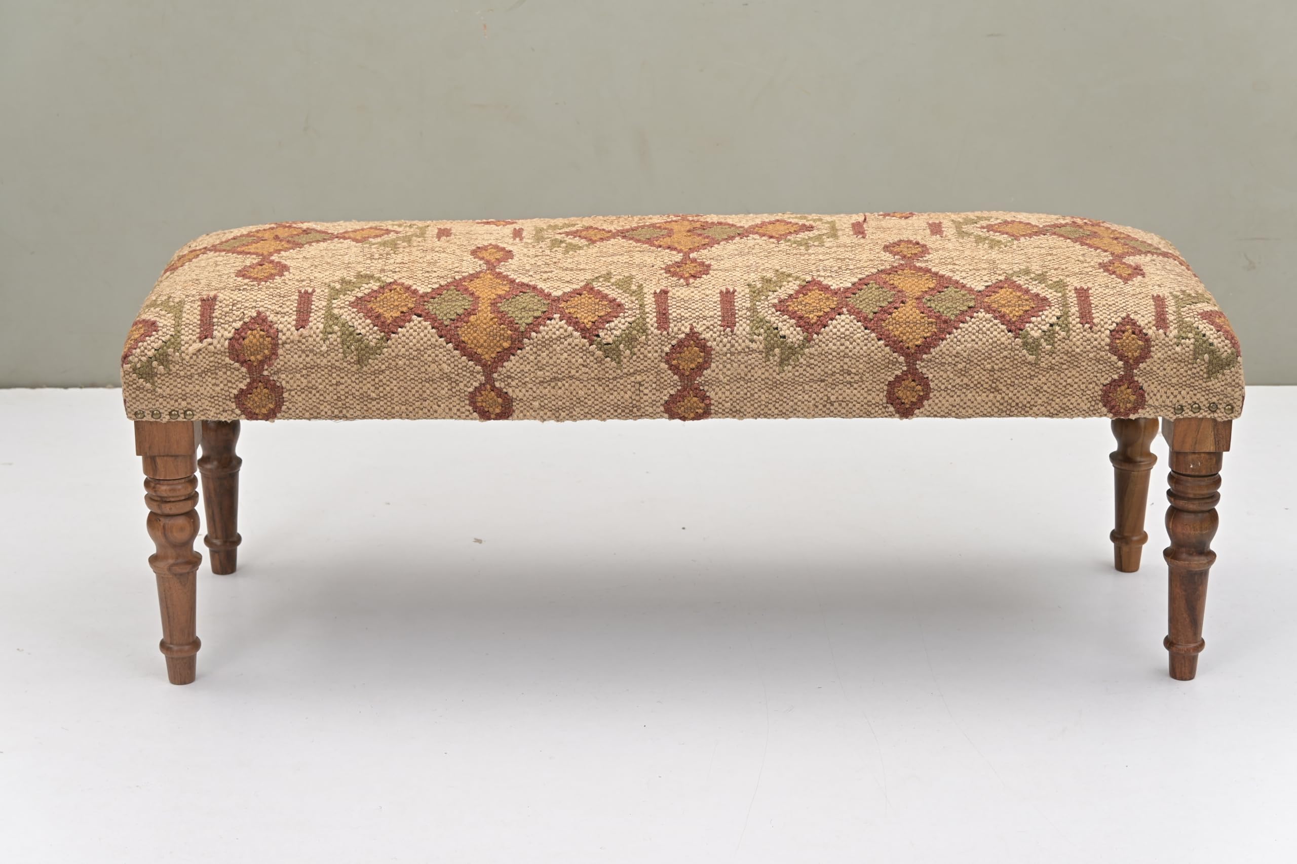 Upholstered Wooden Bench with Geometric Pattern, Traditional Turned KD Legs, Beige and Rust