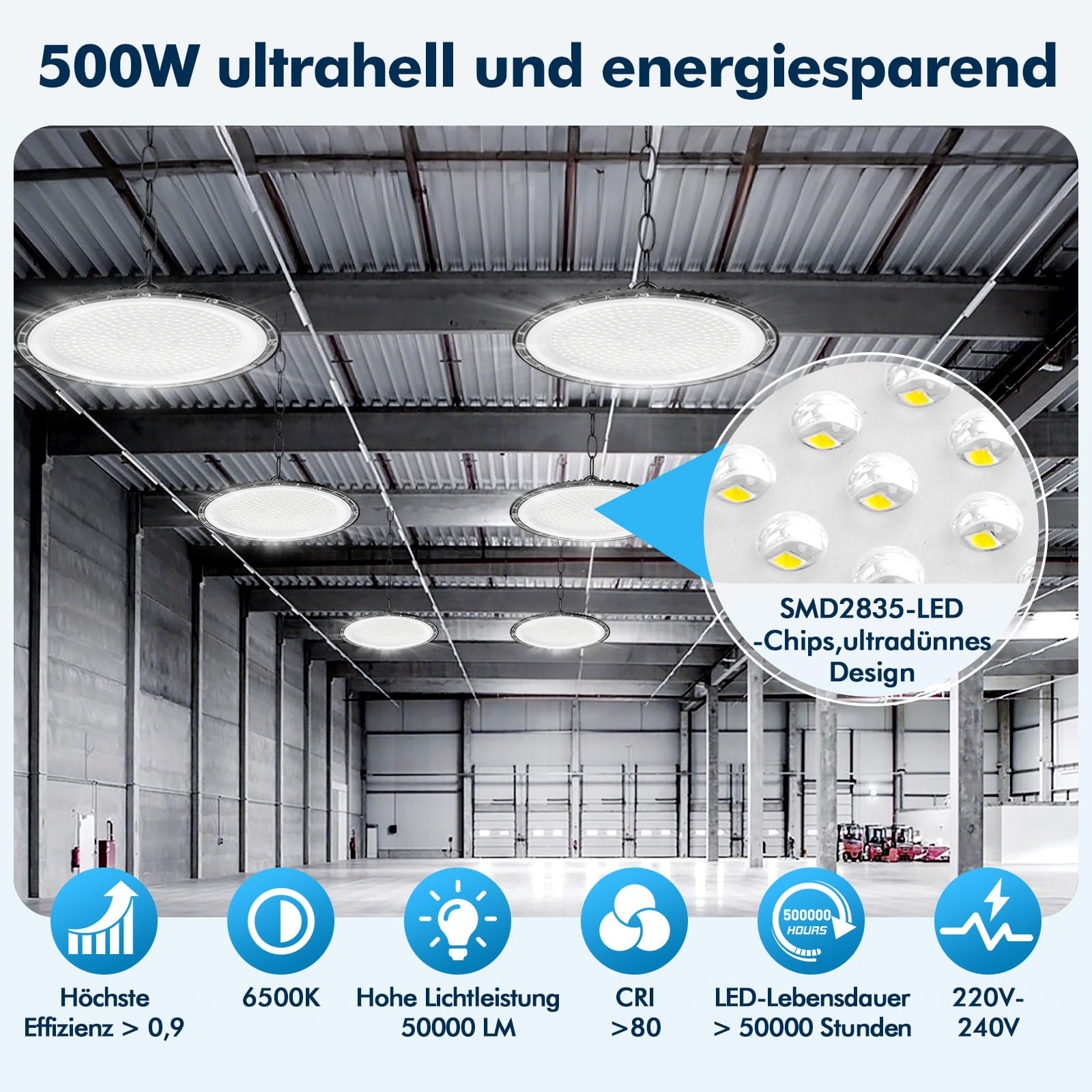 6Pack 500W UFO LED High Bay Light, Hallenstrahler 50000LM, 6500K Kaltweiß UFO LED Werkstattlampe, IP65 Wasserdichte LED Werkstatt Deckenleuchte für Fabriken,Garage,Lagerhaus