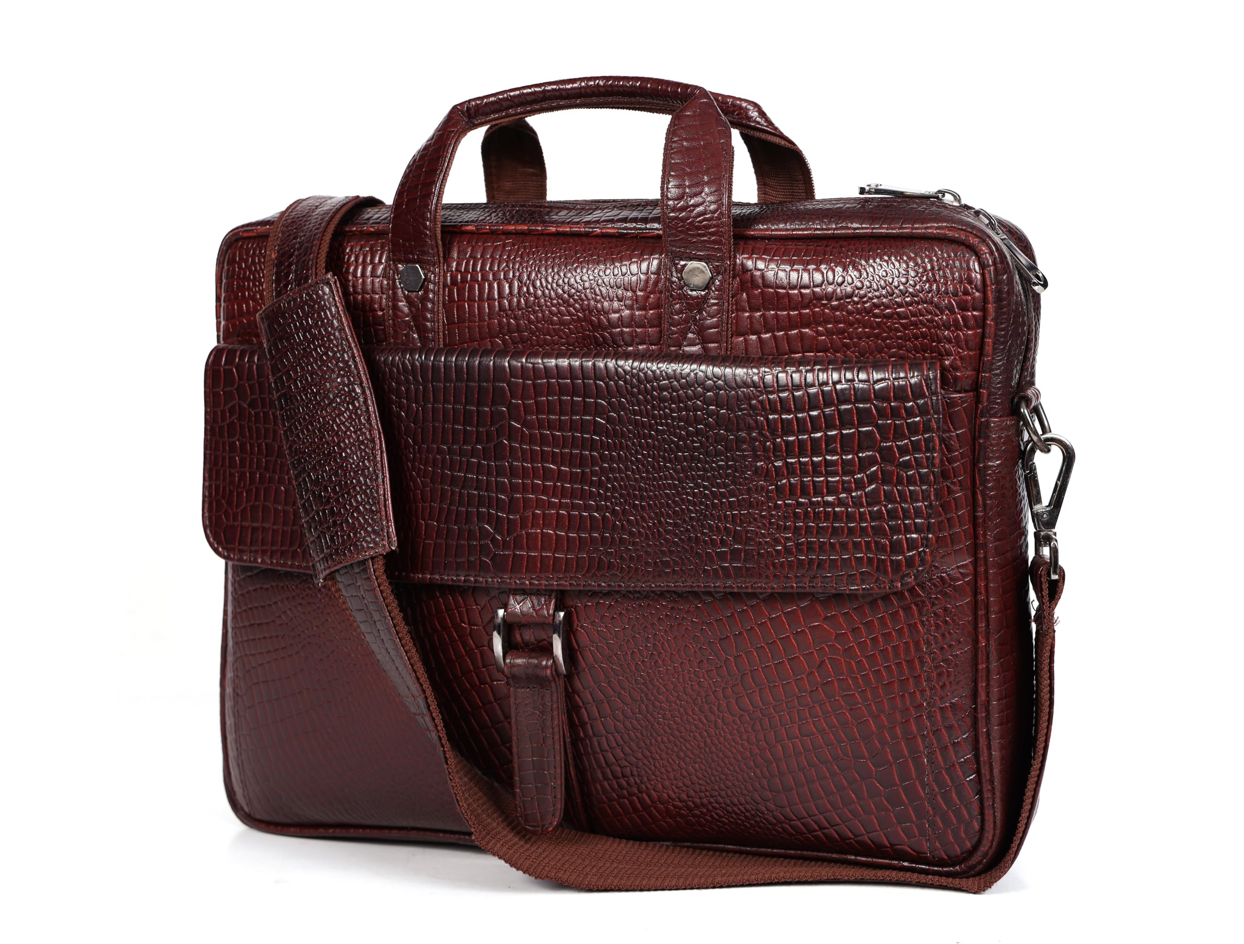 Leder Luxus Crocodile Embossed leather bag for men, 5 Zipper Pockets with Spacious Compartments.,12 x 16 x 4 inches.