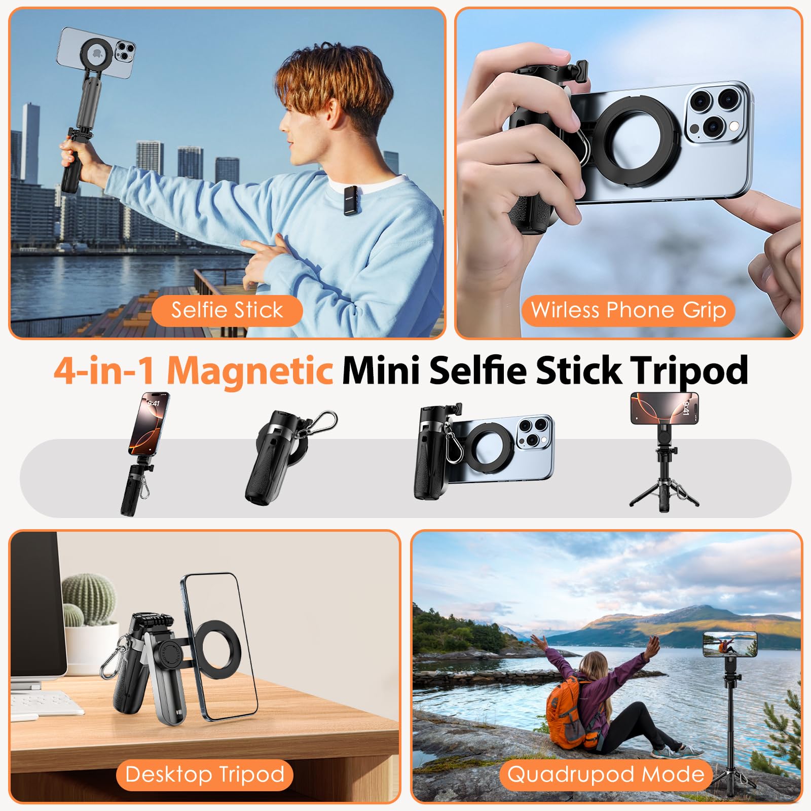 CloudValley Magnetic Mini Selfie Stick Tripod, kieszonkowy statyw do telefonu 4 w 1 z możliwością obrotu o 360°, ładowalny pilot Bluetooth, składany uchwyt