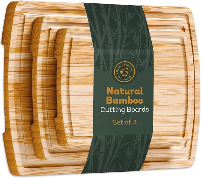 Wood Cutting Board - 3 Piece Bamboo Cutting Board Set, Wooden Cutting Boards for Kitchen with Deep Juice Groove, Side Handles - Wood Chopping Boards for Meal Prep, Meat, Vegetables, Cheese Charcuterie