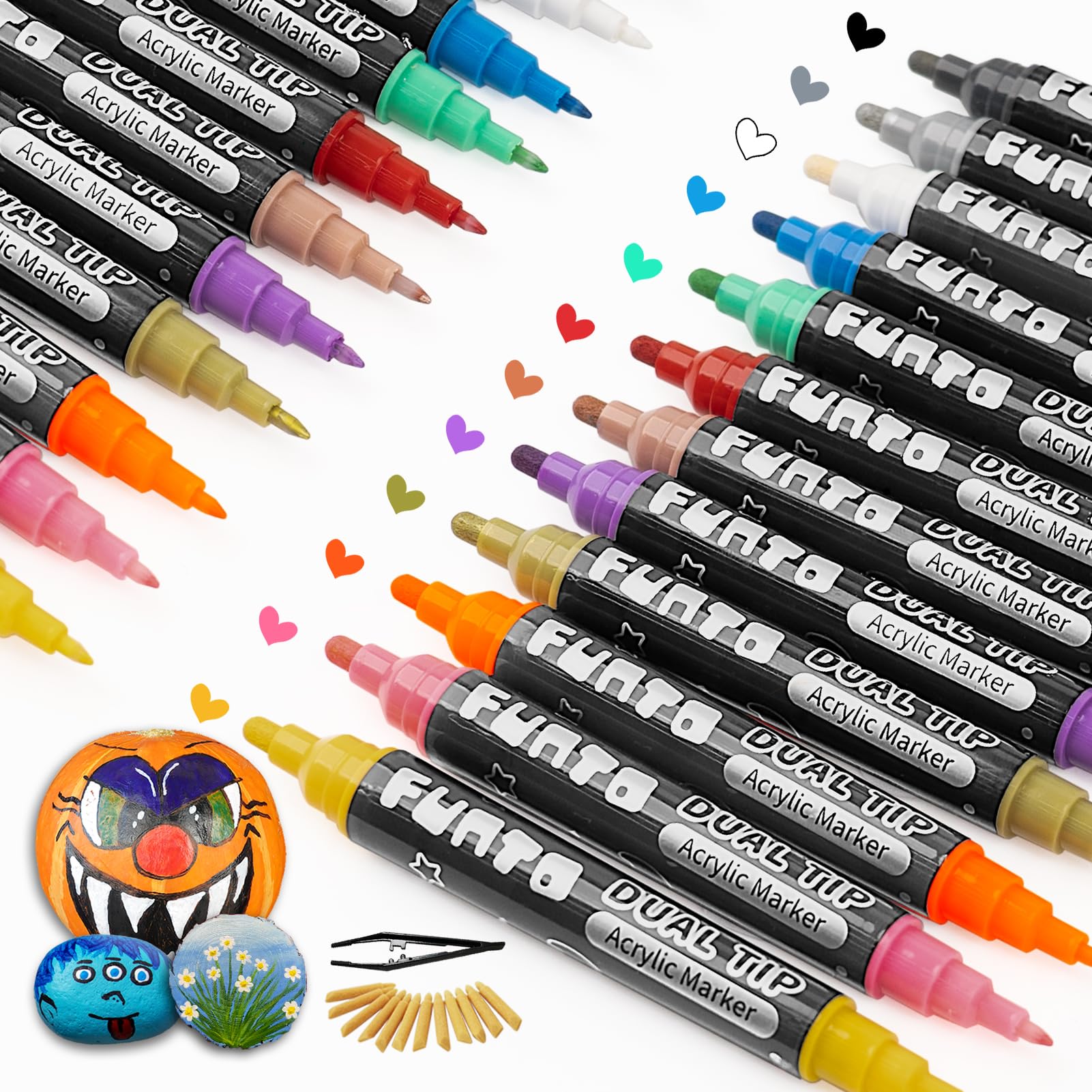 24 Marqueurs Acryliques Double Pointe - Fine Et Ronde, 24 Couleurs Vibrantes | Pour Pierre, Céramique, Tissu, Bois, Verre...