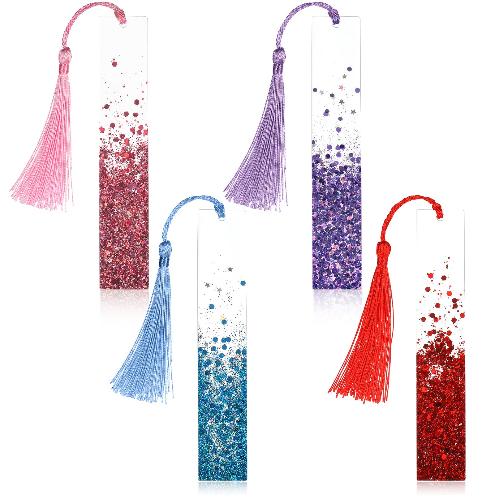4 Pieces Glittering Dried Flowers Resin Bookmarks Handmade Transparent Page Marker with Tassel for Adults Students School, Office, Home Supplies,