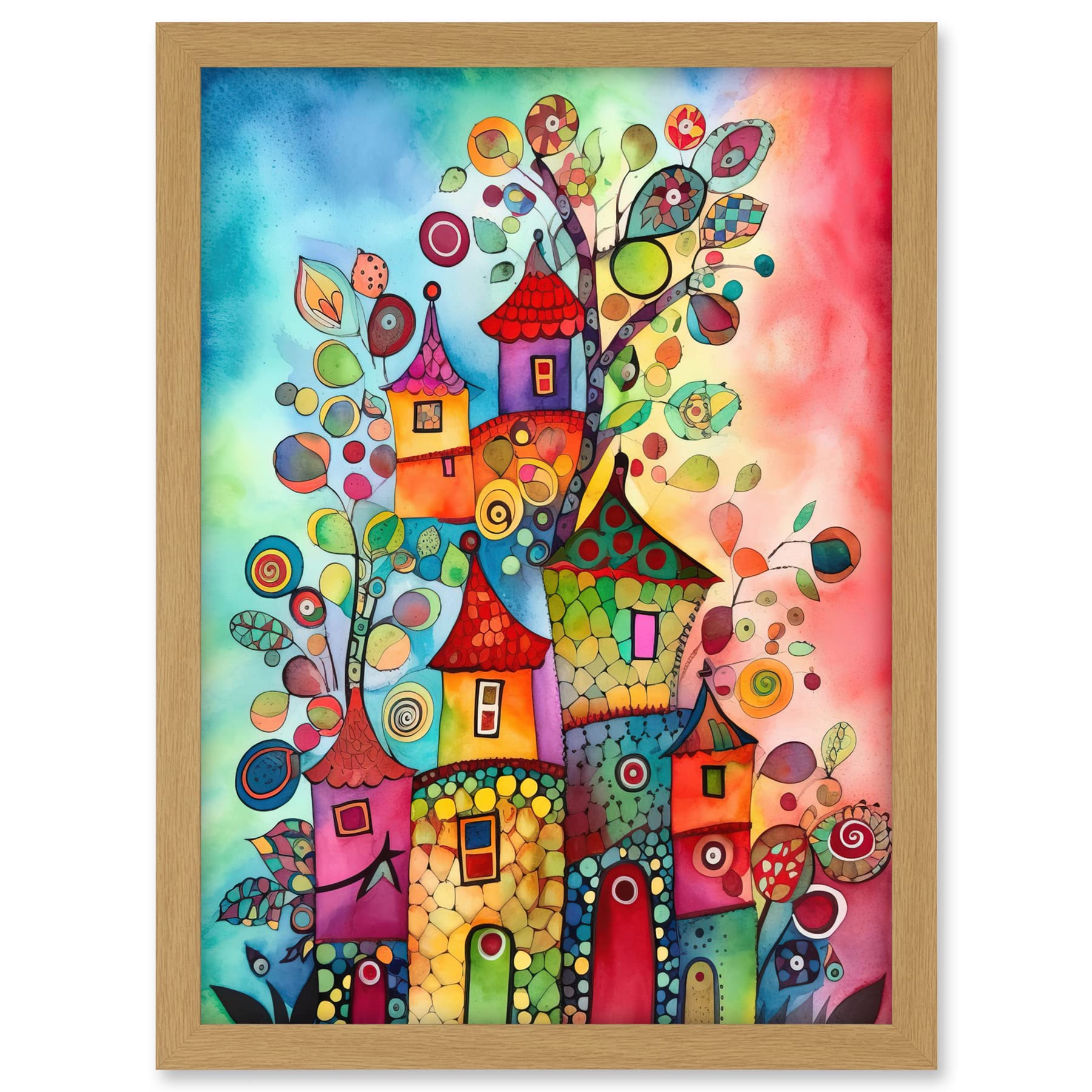 Artery8 Country Houses Concept Folk Art Watercolour Painting Artwork Framed A3 Wall Art Print