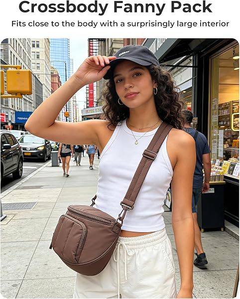 BAGSMART BAGSMART Spacious Puffy Bum Bags for Women, Crossbody Fanny Packs for Travel & Work, Waterproof Coated Mom Bag | 5L Roomy Purses, Large Fanny Pack, ideal for Moms, Long Outings, Everyday bum bag, Puffer, Nylon in use