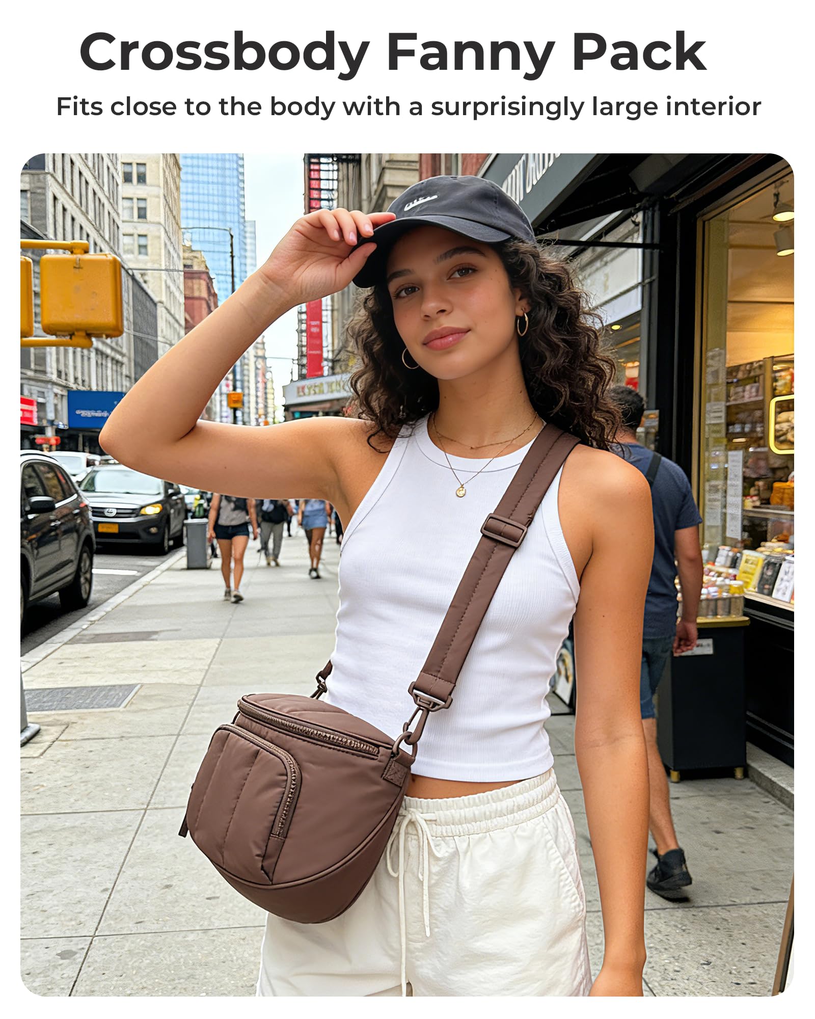BAGSMART BAGSMART Spacious Puffy Bum Bags for Women, Crossbody Fanny Packs for Travel & Work, Waterproof Coated Mom Bag | 5L Roomy Purses, Large Fanny Pack, ideal for Moms, Long Outings, Everyday bum bag, Puffer, Nylon in use