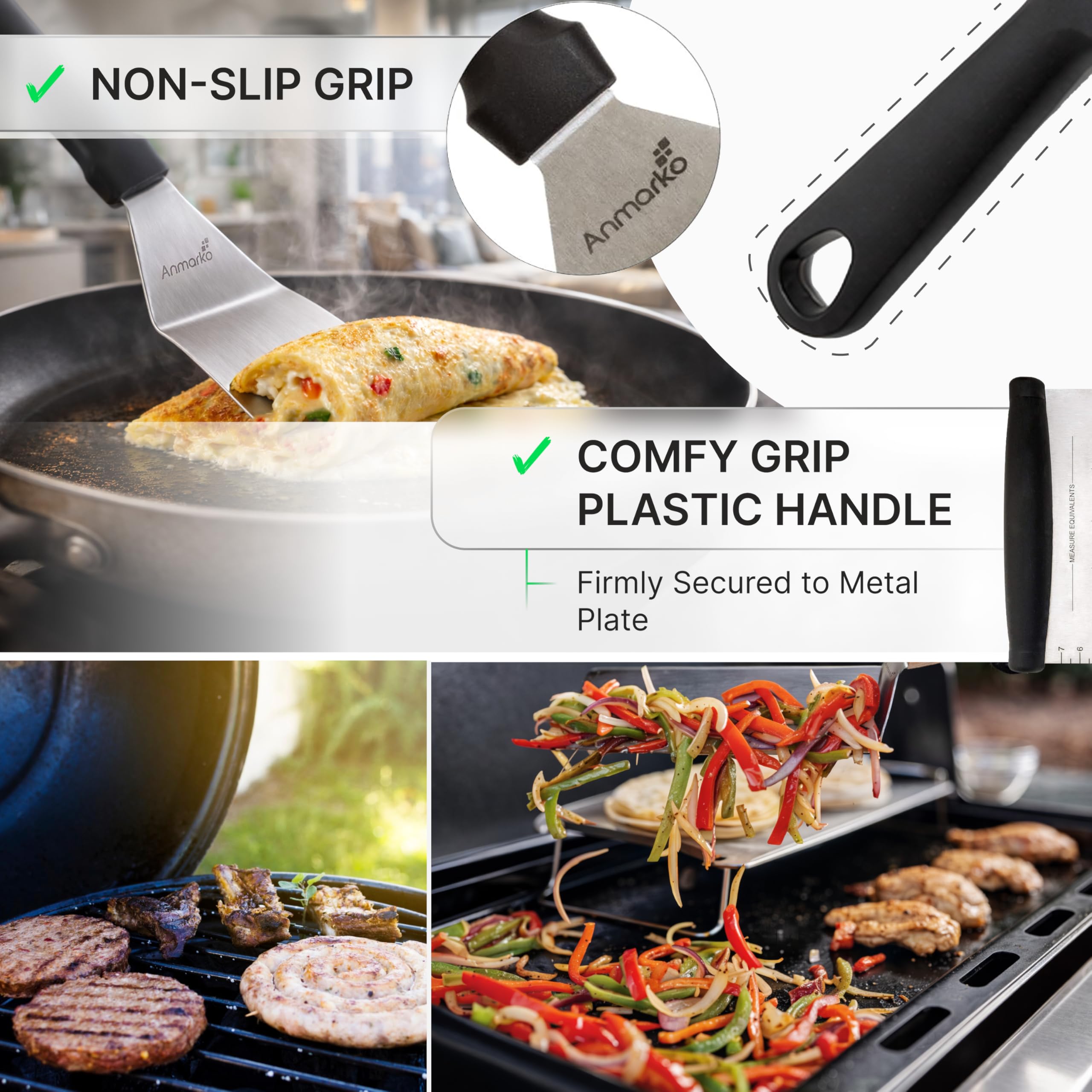 Ensemble de spatules professionnelles – Spatule à crêpes en acier inoxydable et grattoir pour barbecue de 10,2 x 20,3 cm, grande spatule à hamburger idéale pour barbecue et barbecue plat de qualité
