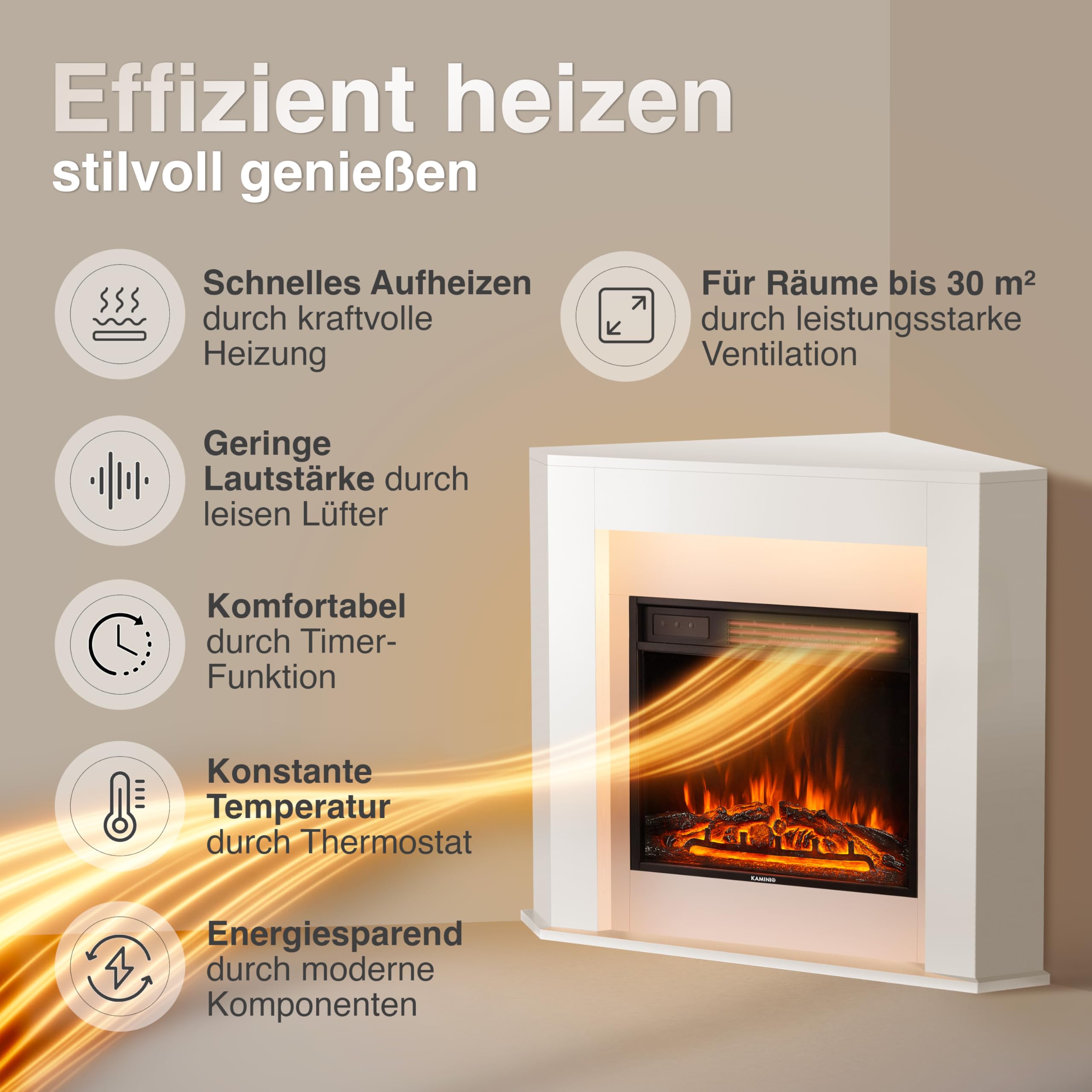 KAMINIO® Matti ECKKAMIN Weiß Elektrokamin mit Heizung [Standkamin Ecke] | elektrischer Kamin, freistehend mit Kaminsims, 3D-Kaminfeuer in 5 Stufen, LED-Ambientelicht, Timer, Thermostat, Fernbedienung