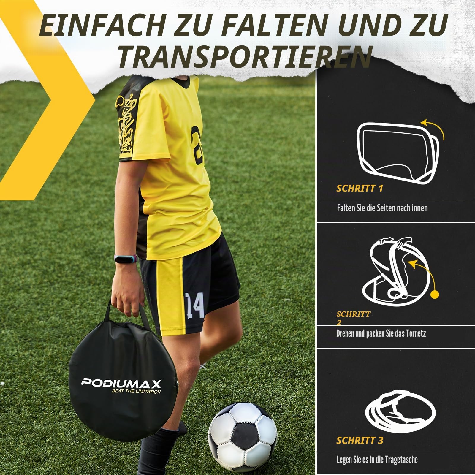 PodiuMax Fußballtor für Kinder im Garten, 2 in 1 Klappbares Pop-Up Fußballtore, Torwandtrainer für Indoor/Outdoor, Fußballtor Trainer mit Tragetasche, 120 * 80 * 80cm