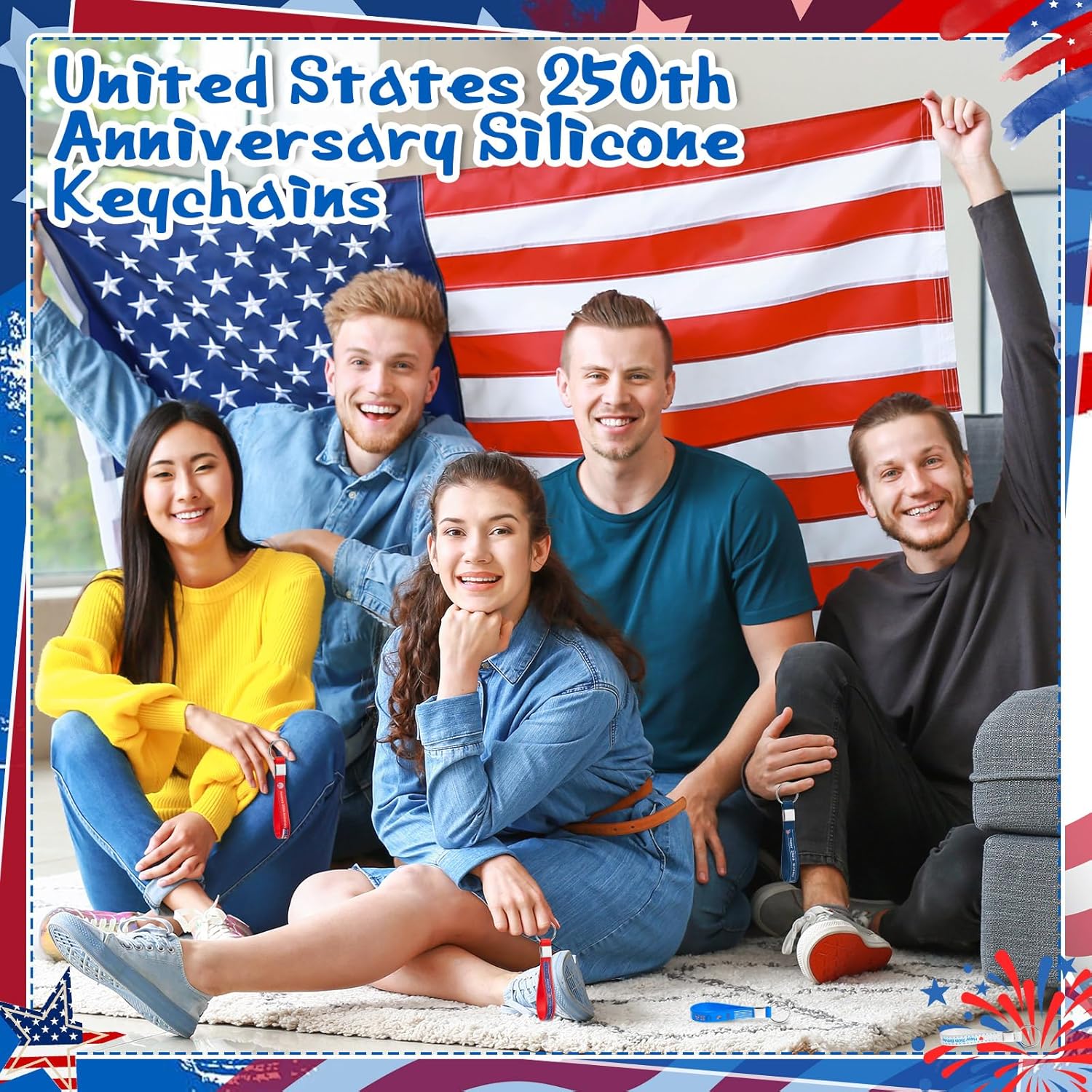 100 Pcs 250th Anniversary USA Silicone Keychains Patriotic Party Favors Bulk American Flag Red White Blue Rubber Key Chains for Independence Day Party Accessories Set Star Stripe Souvenir