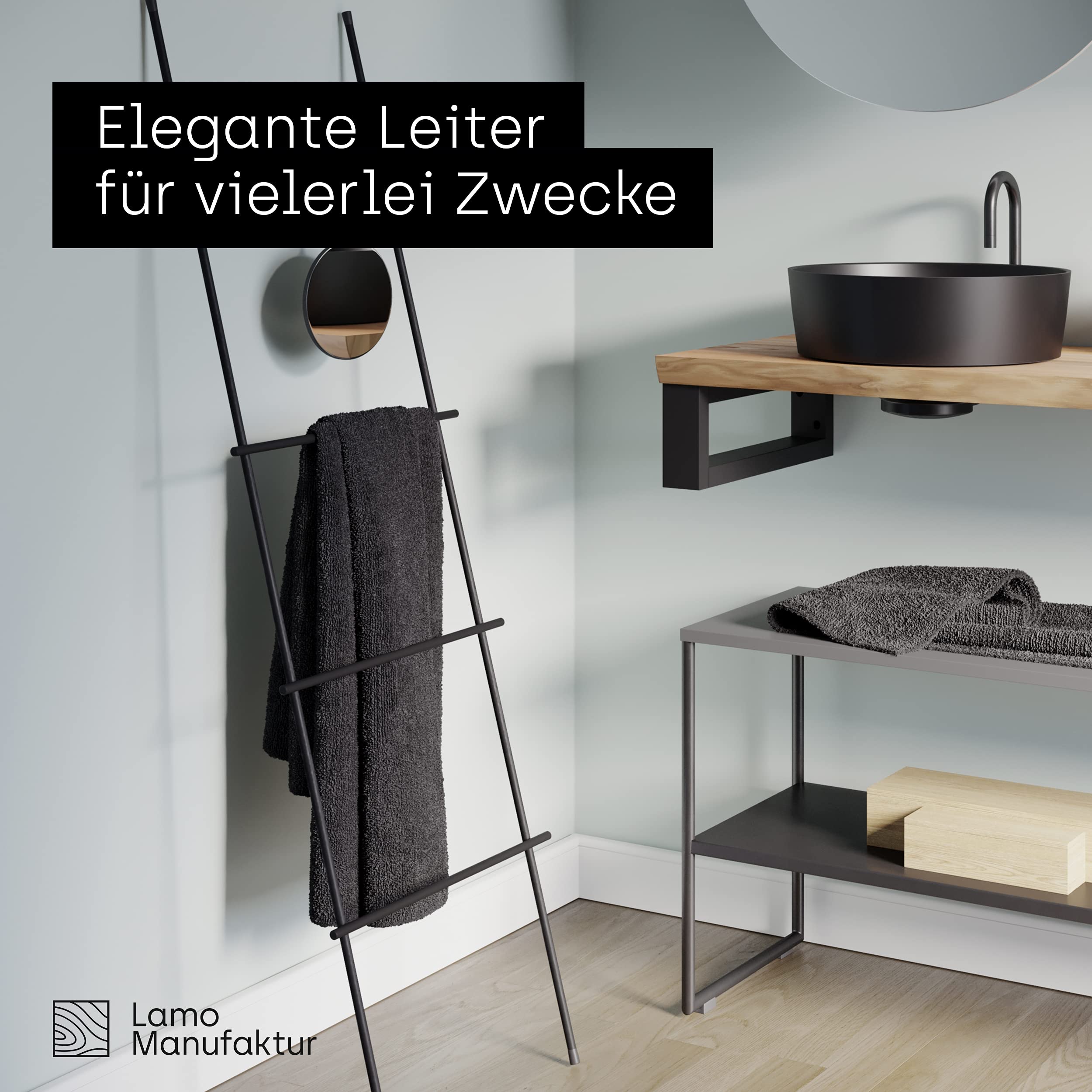 LAMO Manufaktur Porta asciugamani Scaletta Stendibiancheria Porta giornali Loft, 170x40 cm (ALT x LAR), nero, LLS-170-40-9005