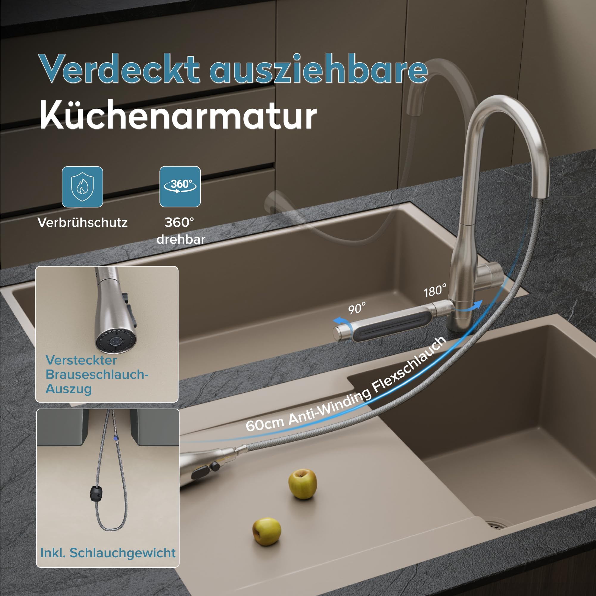 doporro Wasserhahn Küche Hochdruck, Küchenarmatur ausziehbar mit Brause | Spültischarmatur Küche aus Edelstahl, Armatur Küche 360 Grad schwenkbar, 5 Strahlarten, Mischbatterie Turnix-03