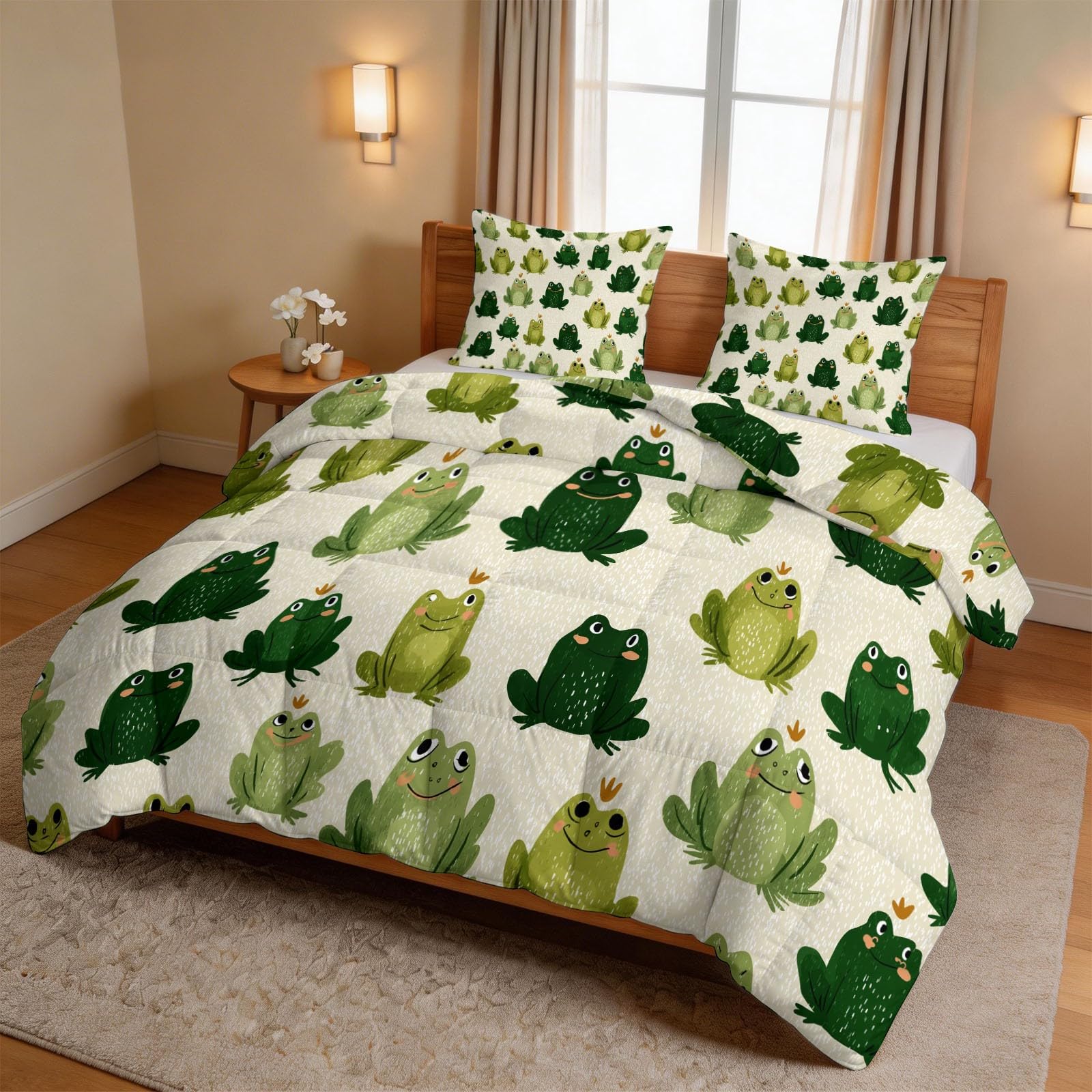 Bettdecke 200 x 220 cm 4 Jahreszeiten Cartoon Tiere Wende Steppdecke, Warme & Weiche Ganzjahresdecke Grün Frosch Krone ohne Bezug - Waschbar Schlafdecke mit 2 Kissenbezüge, für Kinderzimmer