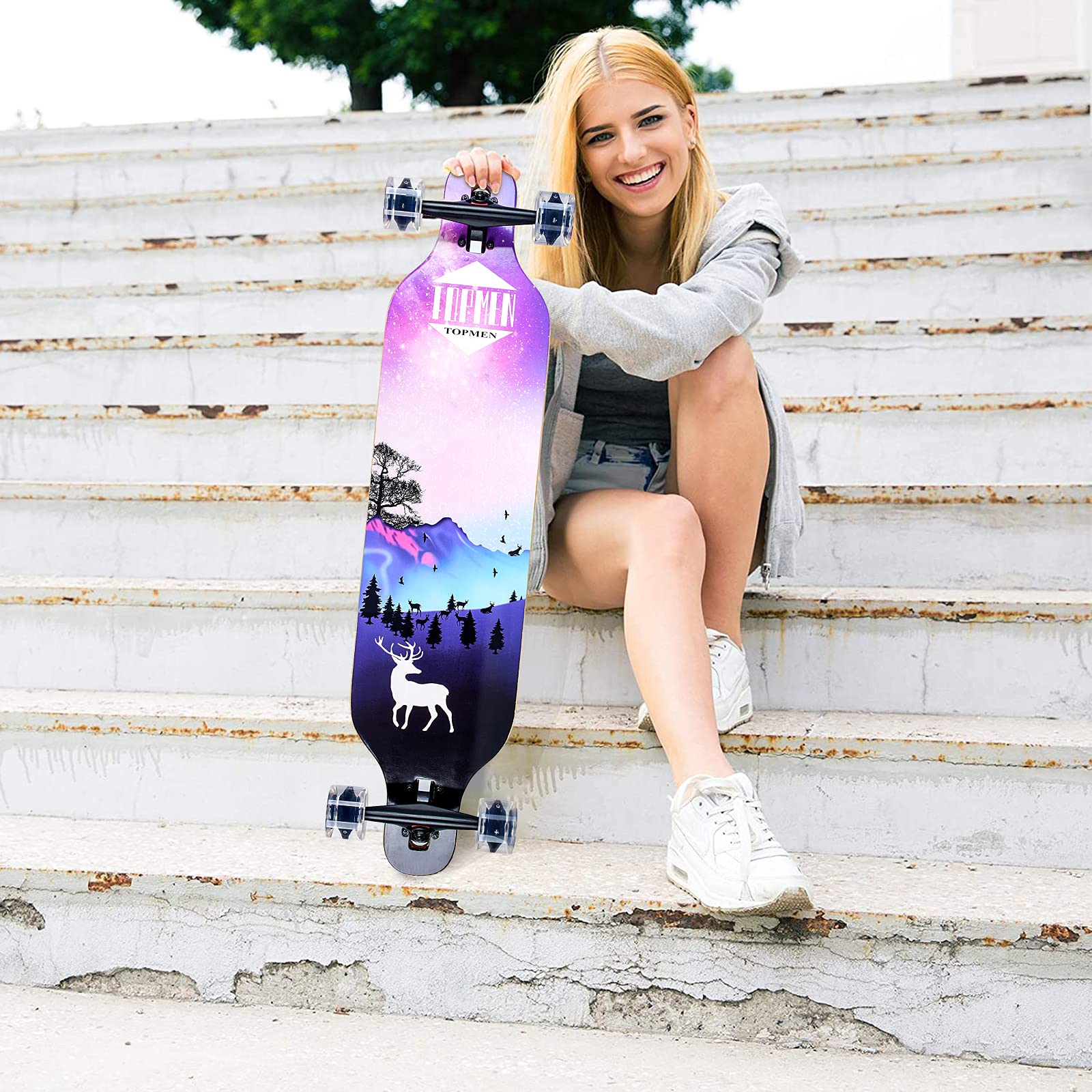 Longboard 8 Strati di Acero Flessibile Skateboard Drop Through Cuscinetti ABEC-11 per Carving Downhill Cruising Freestyle Riding