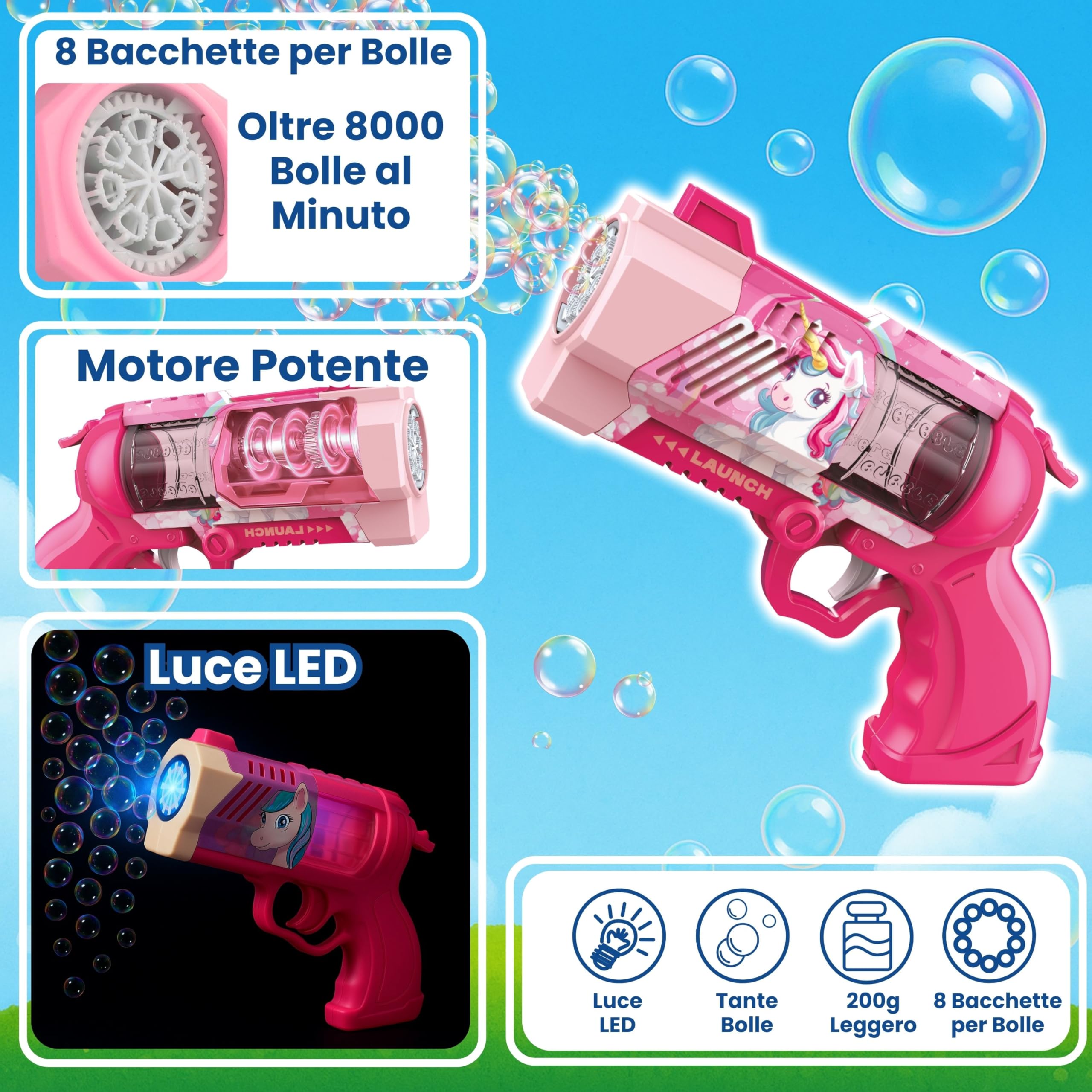 Blubbel Sparabolle di Sapone LED, Pistola Giochi, Macchina Automatica, Bubble Gun, Cannone d’Aria, Giocattolo Matrimonio, Regalo Estivo Bambini, 120ml Liquido Incluso