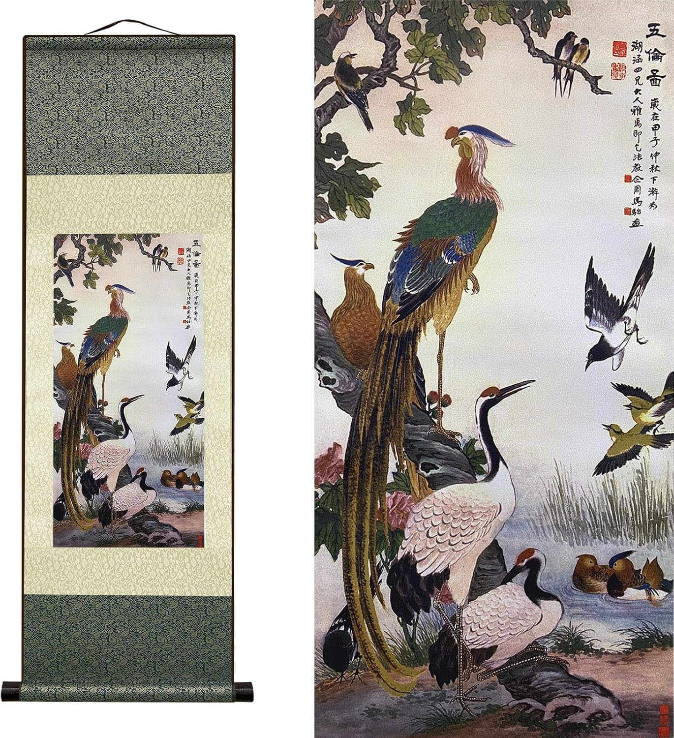 Atfart T-116 Silk Scroll Painting Asian Wall Decor Birds - Wu Lun Diagram Beautiful Chinese Art Wall Scroll Hanging Painting Scroll Oriental Decor(36.2X12in)