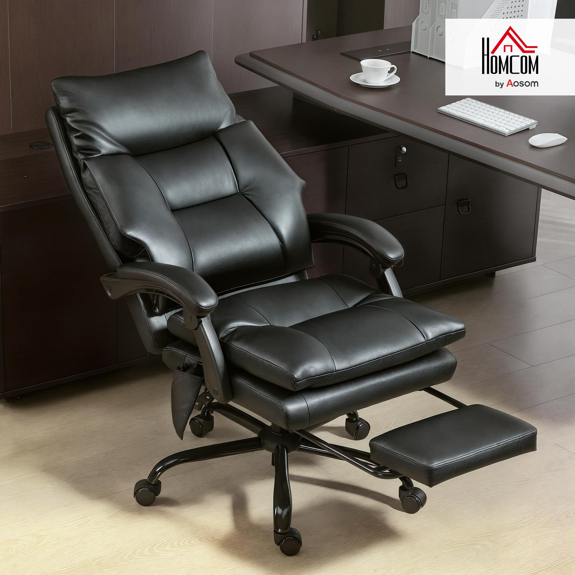 HOMCOM Silla de Escritorio con Soporte Lumbar Inflable, Tapizada en PU, Silla de Oficina Giratoria con Reposapiés, Respaldo Reclinable, Respaldo Alto, Altura Ajustable, Negro