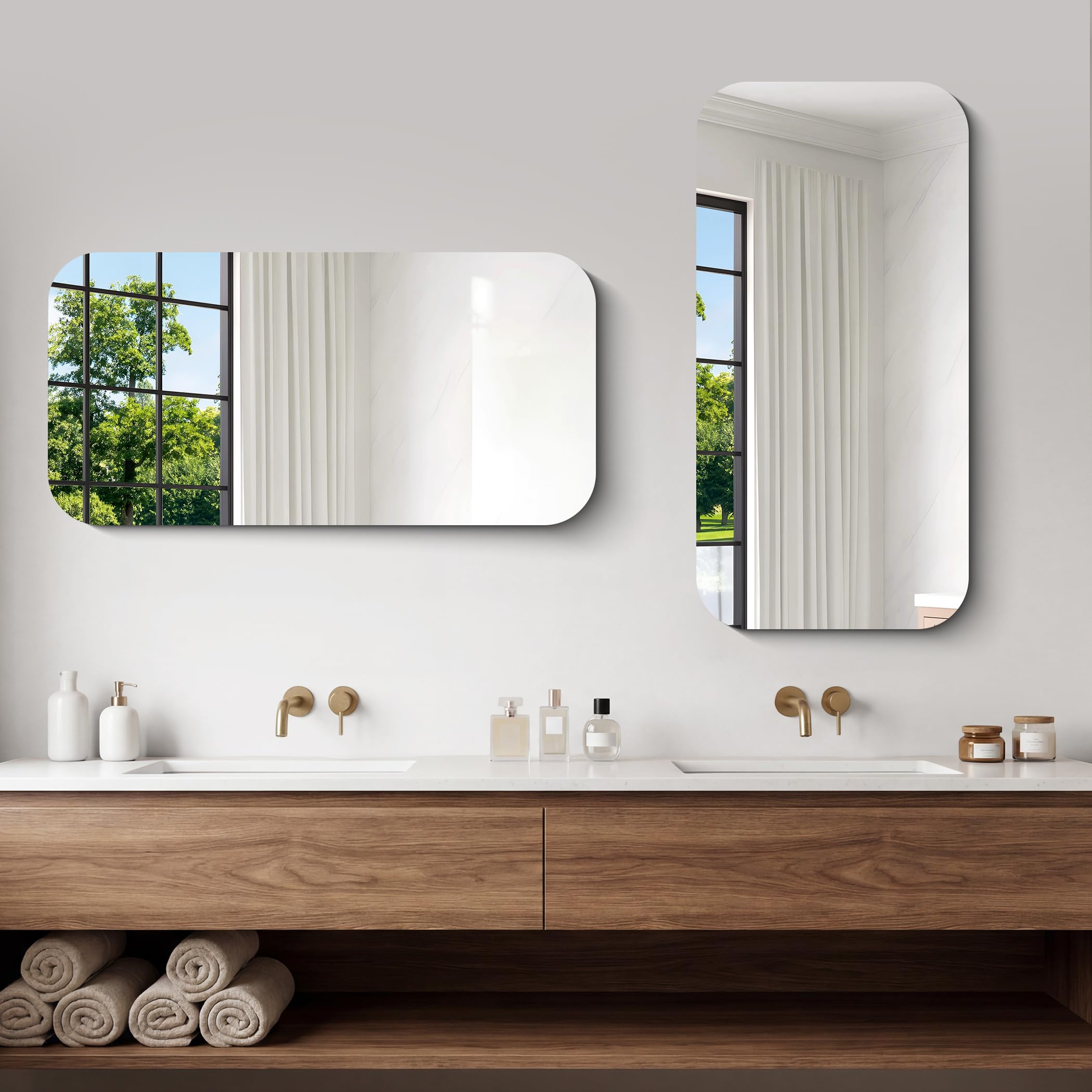 Miroir mural rectangulaire 50 x 100 cm sans cadre avec coins arrondis, miroir rectangulaire pour salle de bain, chambre à coucher, salon, à suspendre horizontalement ou verticalement