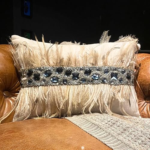 Miniatura 2 de The HomeCentric Juego de 2 fundas decorativas de almohada lumbares de 12 x 14 pulgadas, plumas de lino, cristales y cuentas, estilo moderno con