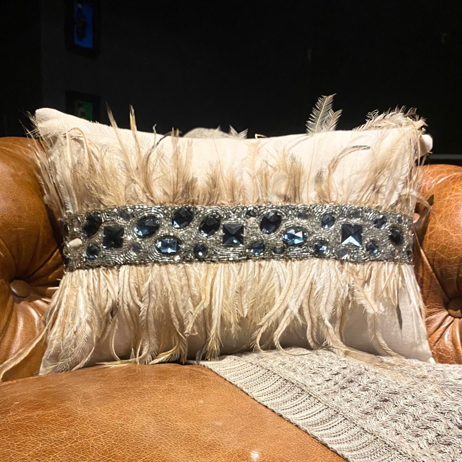 Hecho a mano Beige Amortiguar, Paquete de 2, 30x55 cm Lino Fundas de almohada lumbar, Funda de Cojín con Plumas, cristales y cuentas, Animal Fundas de almohada lumbar - Rhinestone Feathers