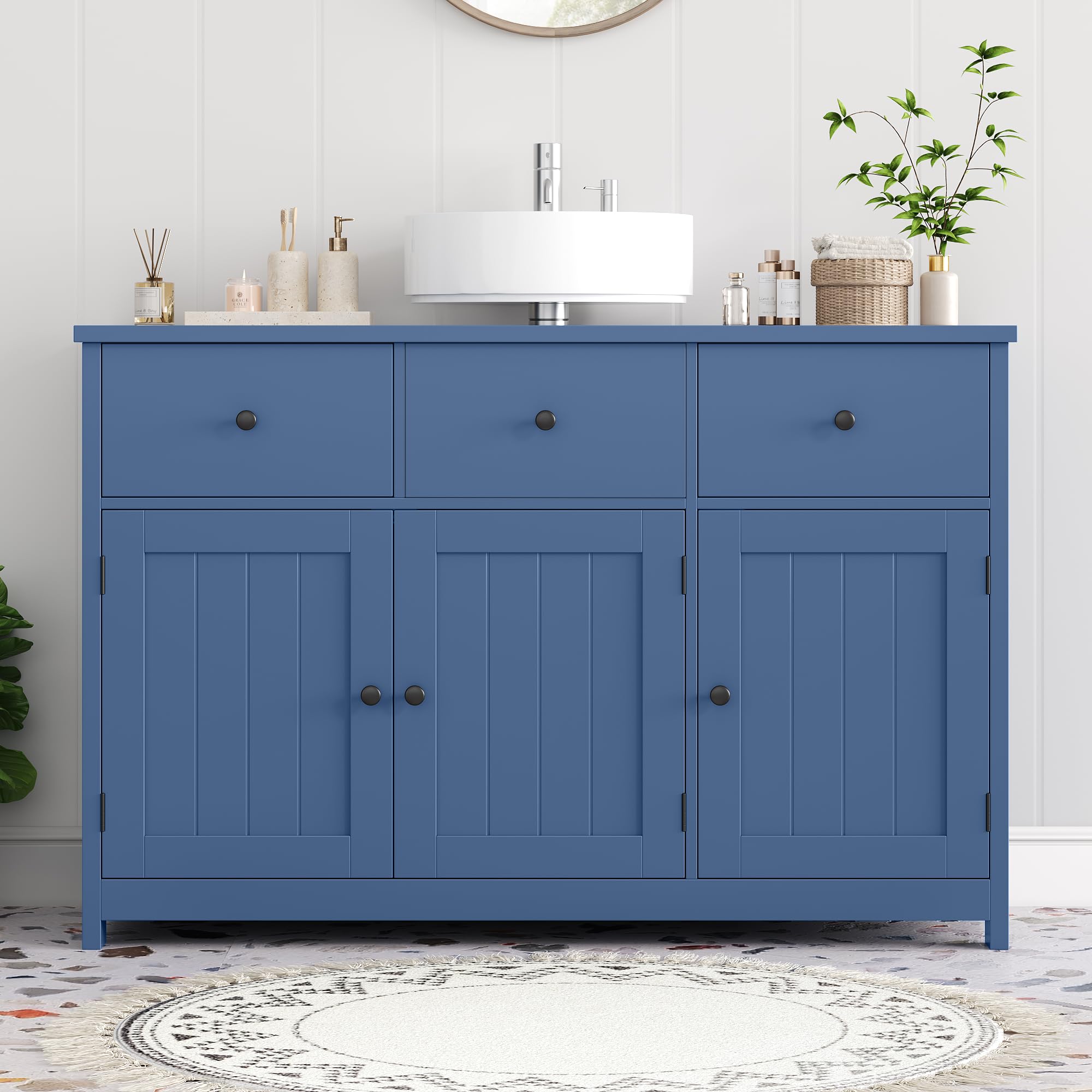 FOREHILL 100cm Mueble Bajo Lavabo, Mueble Baño, Mueble Lavabo con Pie, con 3 Puertas, 2 Cajones, 100 x 30 x 61 cm (Azul)