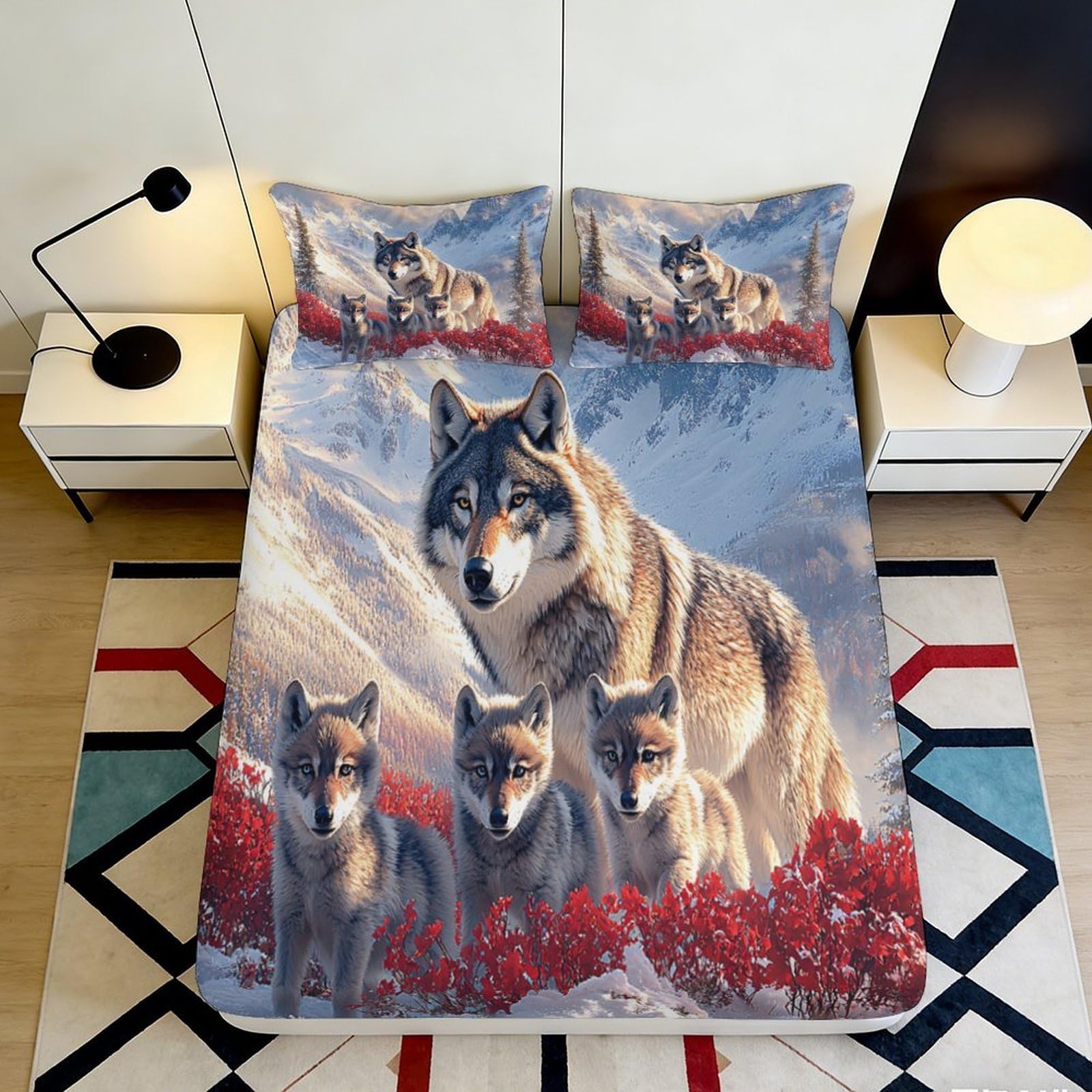 3D Printed Wolf Family Fitted Sheet Microfiber Soft Anti-Slip Mountain Forest Bed Cover Bedroom Decor 90x200x25cm